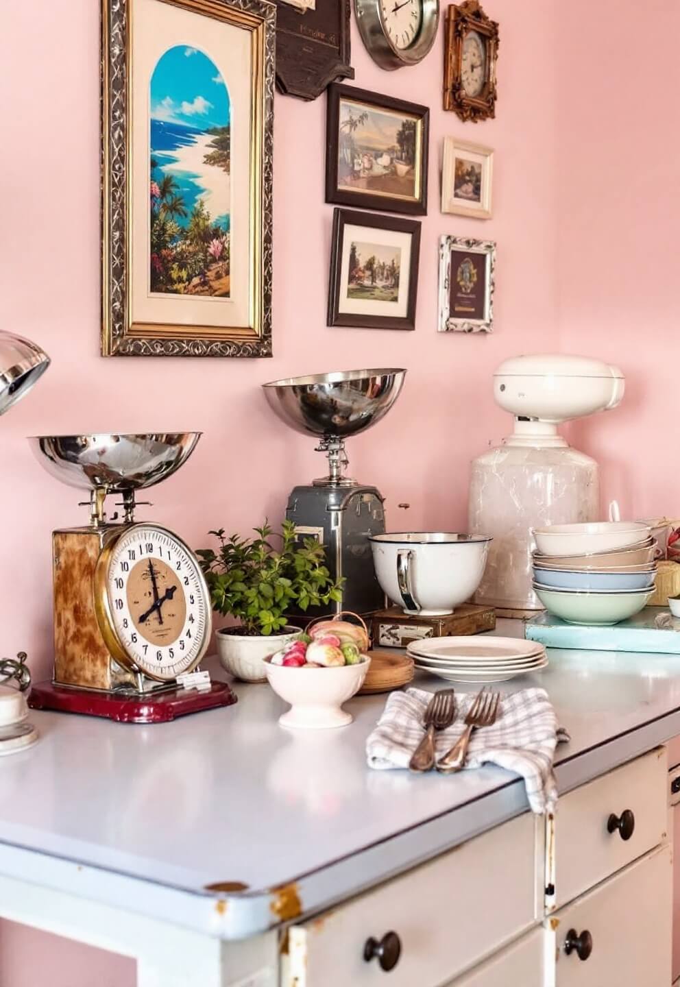 Vintage kitchen preparation area with antique scales, enamel-top table and chrome task lamp against soft pink walls