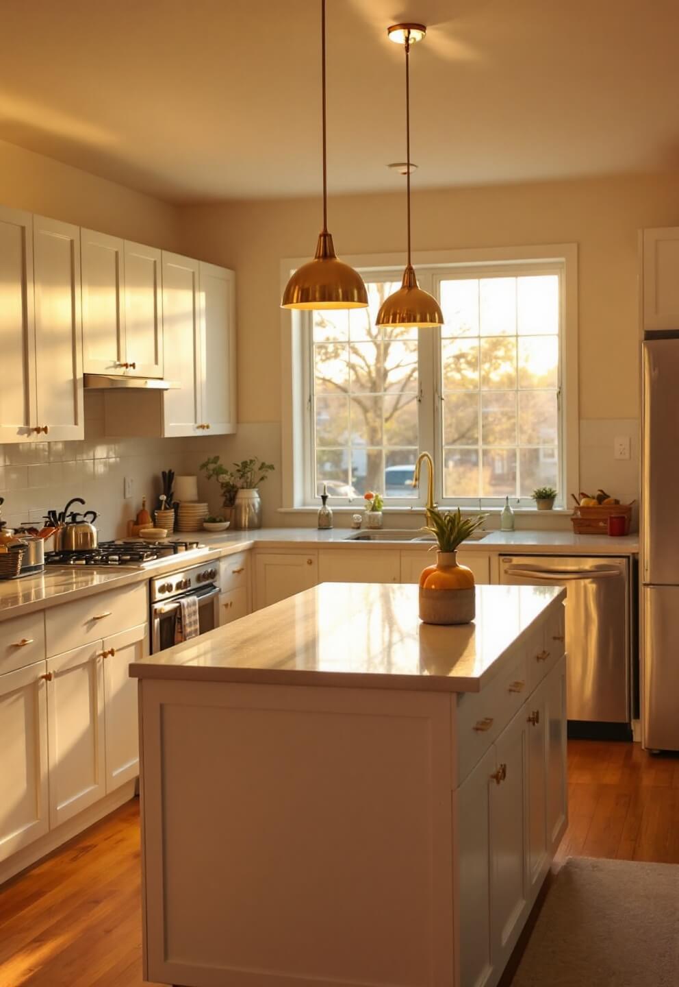 Sunny 8x10ft apartment kitchen with bright white cabinets, brass pendant lights, quartz countertop and mirrors enhancing natural light, camera focused on central island.