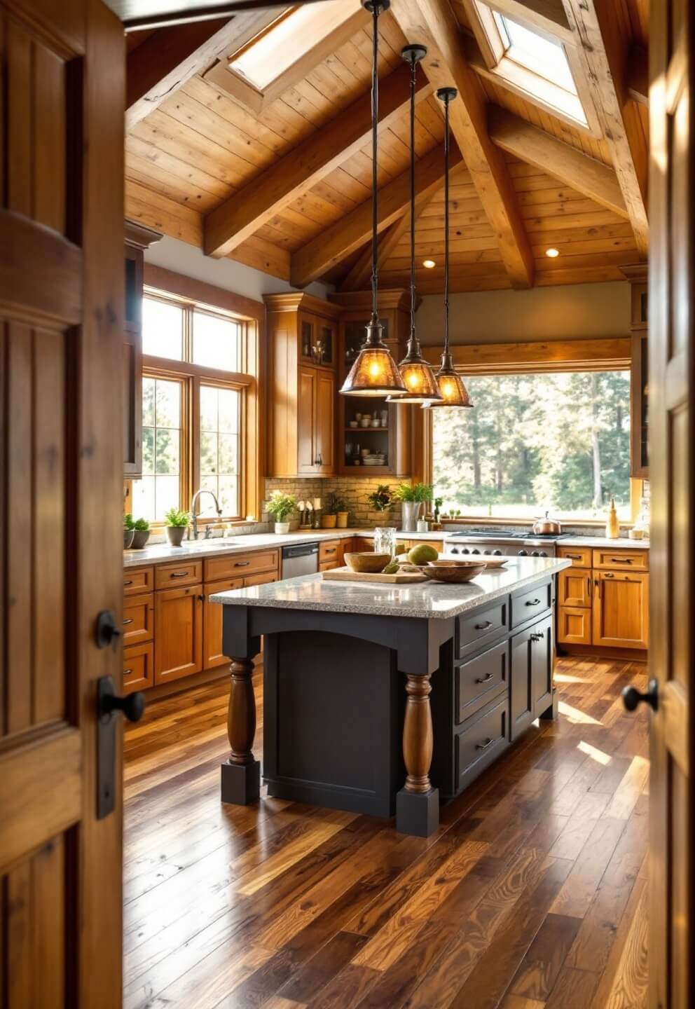 Spacious log home kitchen with morning light streaming through large windows, wide-plank oak flooring, custom cabinets with copper hardware, a large granite island with copper pendant lights, and a stone cooking hearth.