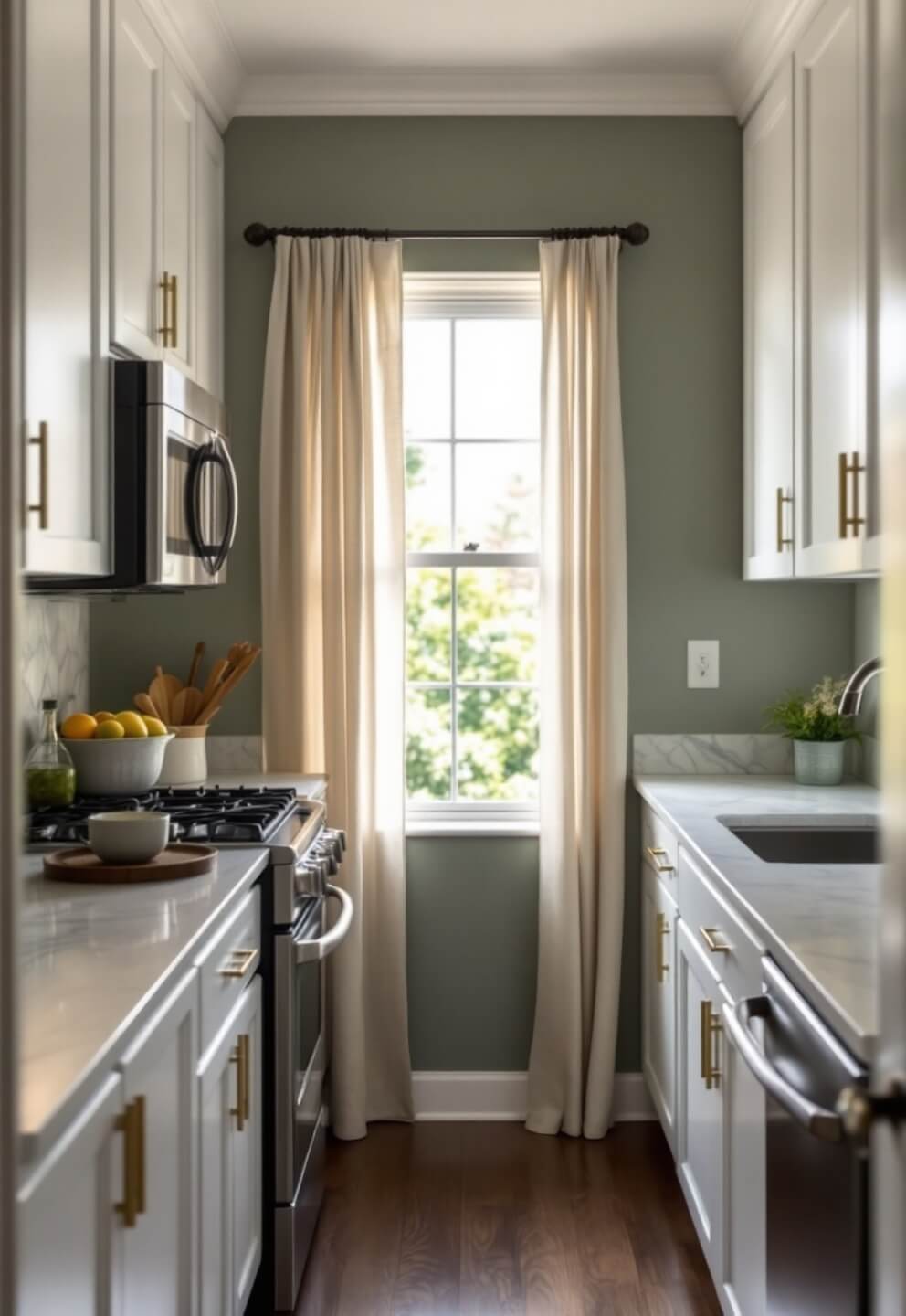 Intimate galley kitchen with Sage Wisdom walls contrasting white cabinets, natural light illuminating stainless steel appliances through linen curtains, and grey marble backsplash, shot with wide angle lens focusing on length perspective.