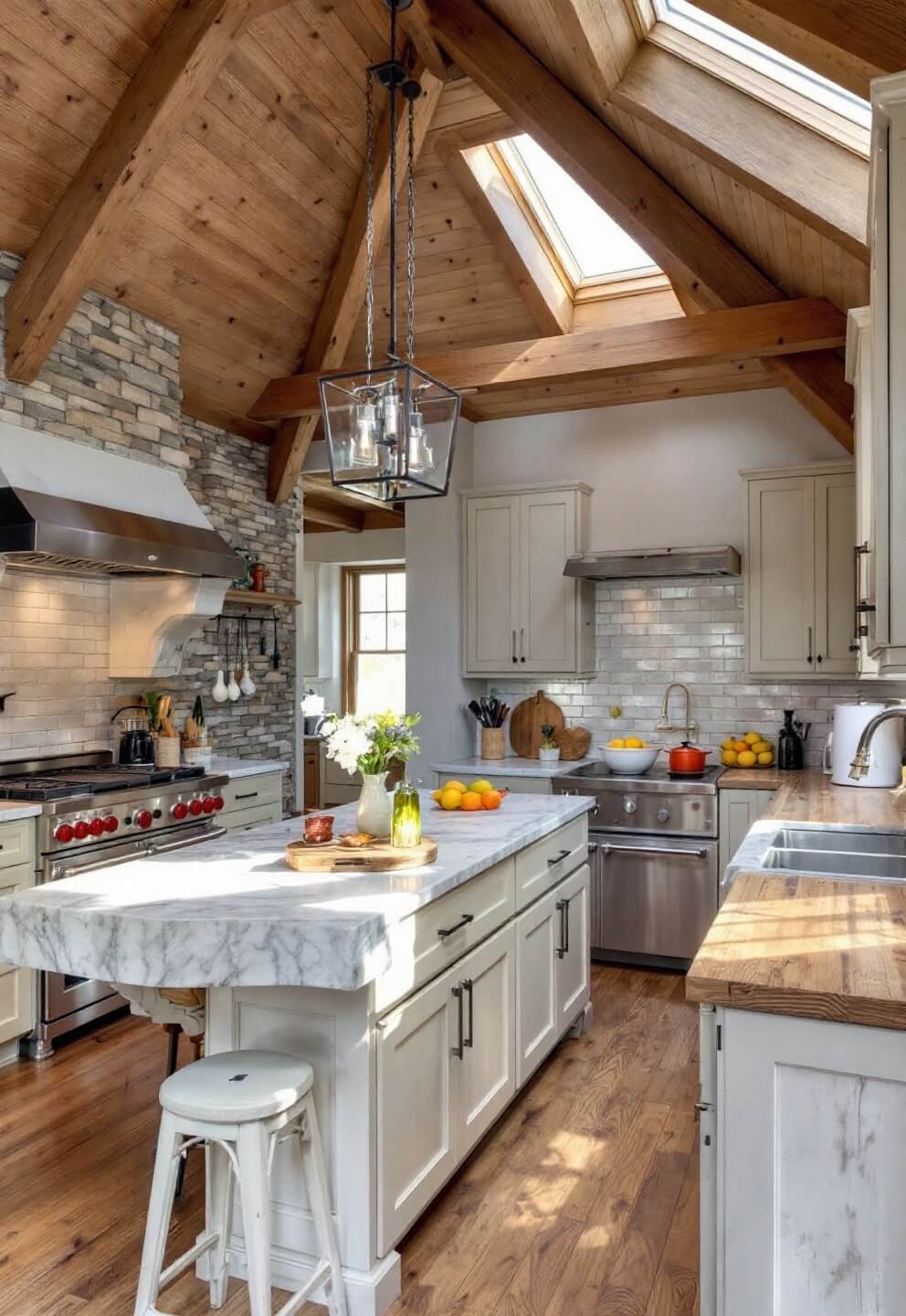 Chef's kitchen with skylights and stone walls, featuring stainless appliances, pine cabinets, and a large island with marble countertops