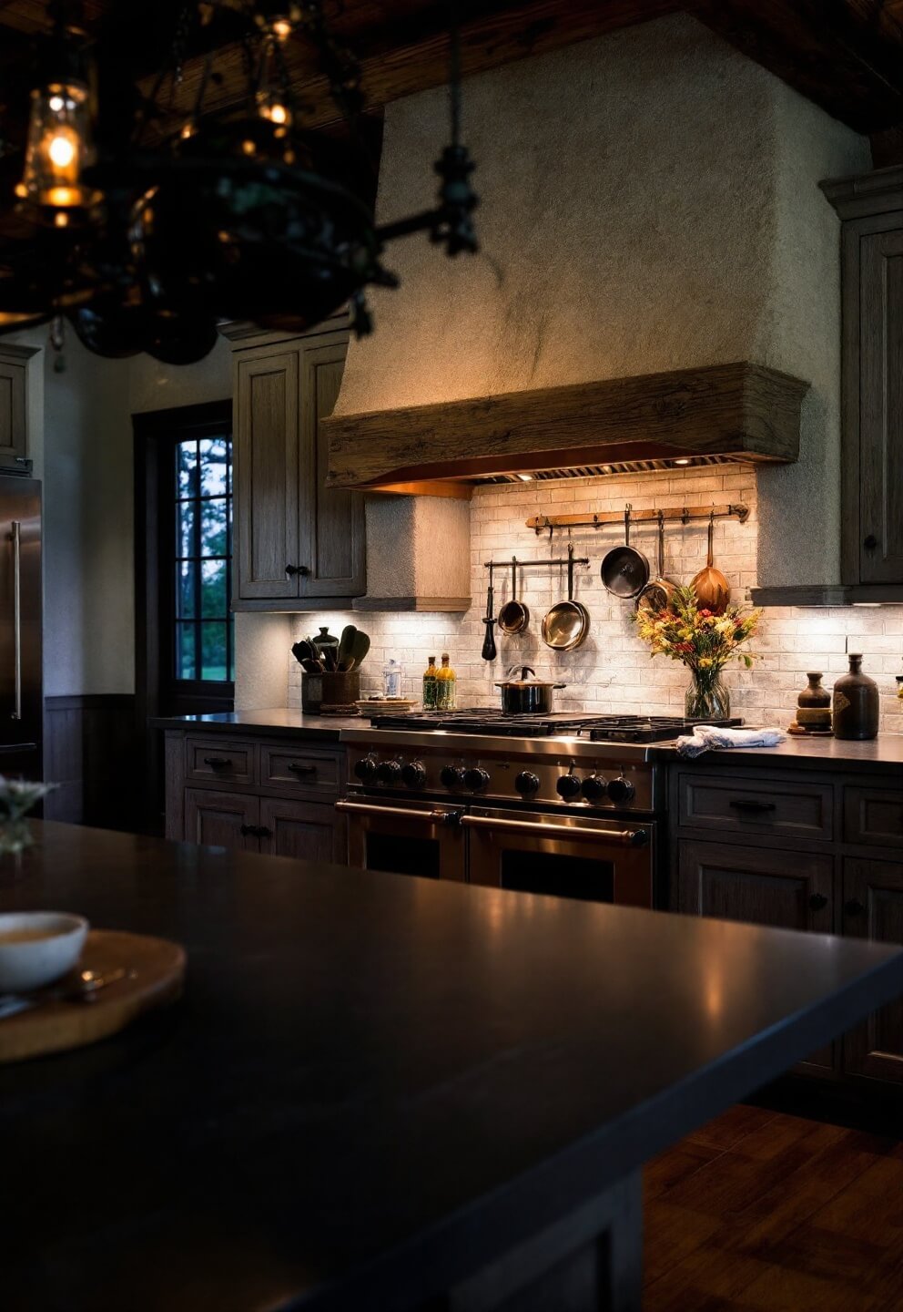 Warmly lit kitchen with soapstone countertops under dimmable cabinet lighting, a commercial range framed by pull-out oak pantries, and a wrought iron pot rack hanging from exposed log rafters, viewed from a low angle at the island seating.