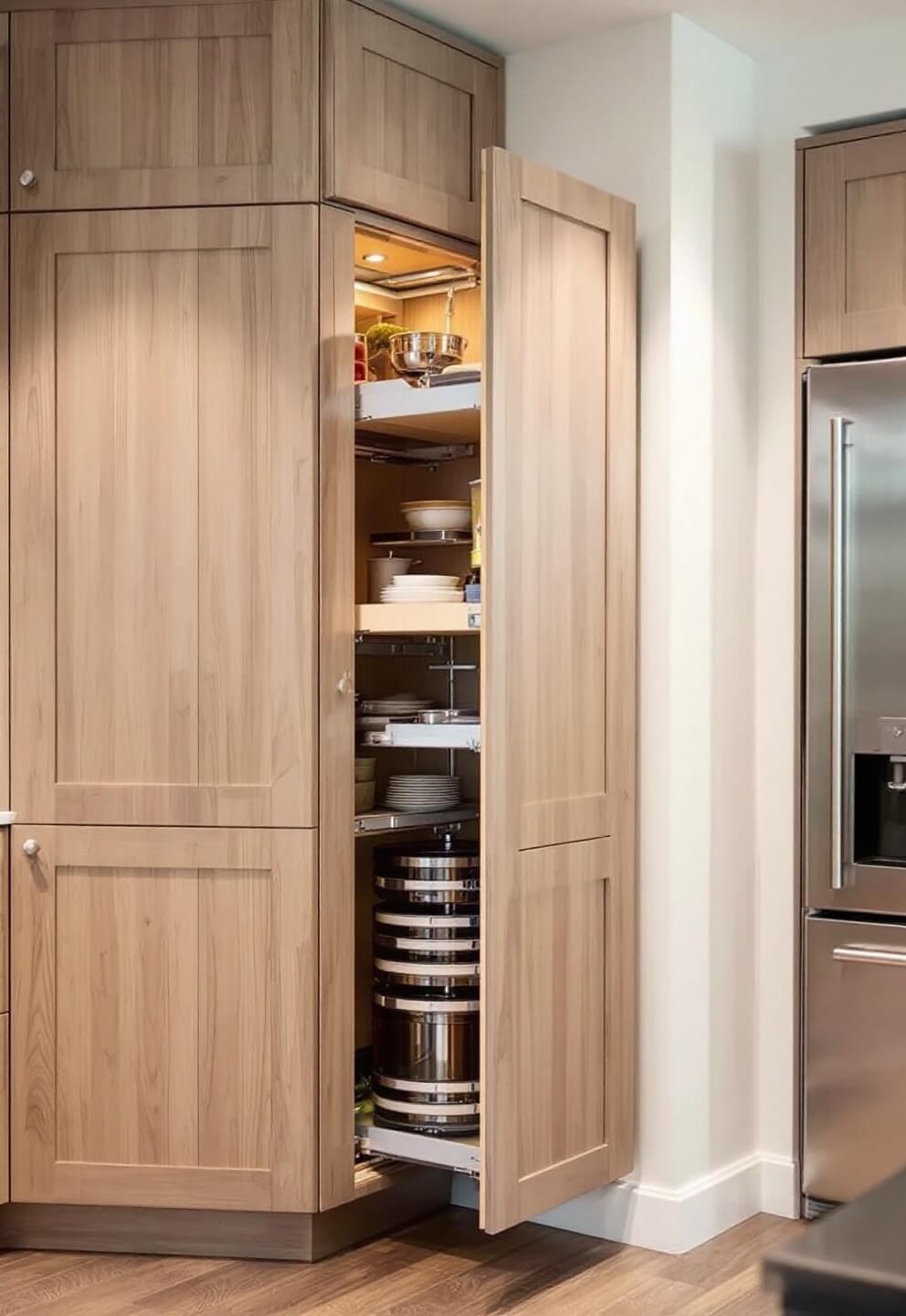 Overhead view of a modern 9x9ft kitchen with weathered oak pull-out pantry system, corner storage spaces, and a chrome carousel unit visible through a glass cabinet door, photographed with a 35mm lens and even studio lighting for depth clarity.