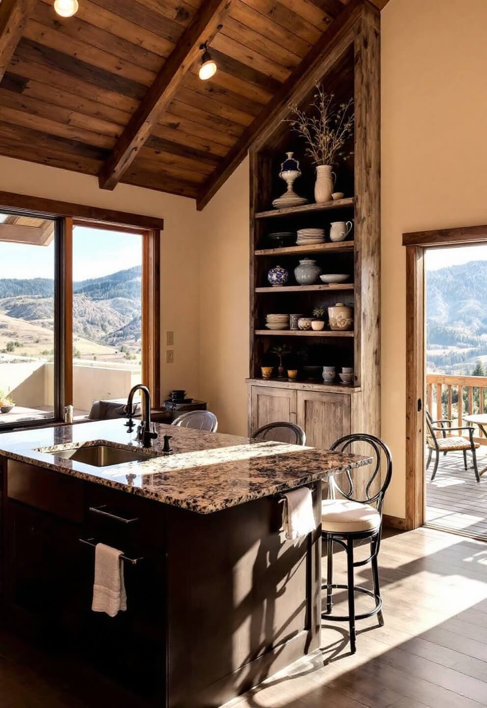 Bright breakfast nook with floor-to-ceiling windows offering mountain views, a central island with hidden storage and built-in charging stations, and open barnwood shelving displaying pottery, under natural and spotlighting.