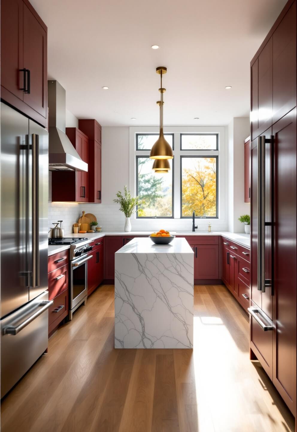 Modern kitchen with stainless appliances, cherry red cabinets, quartz island, and white oak flooring, bathed in late afternoon sunlight from large windows.