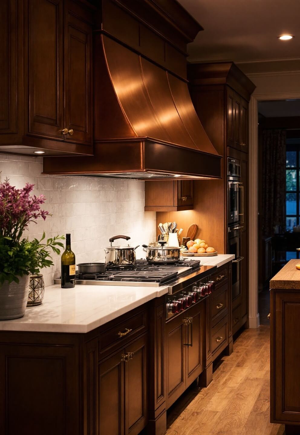 Cozy kitchen with copper hood under spotlights, carousel cabinets, wooden island with cutting board and prep sink, vertical tray storage next to professional range, and dramatic accent lighting