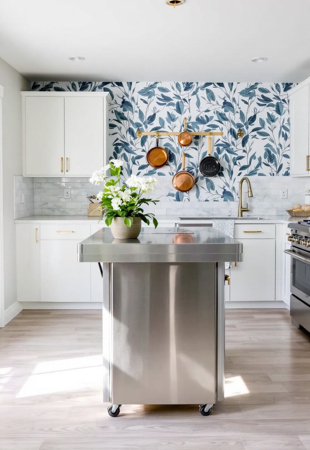 Rental kitchen with peel-and-stick marble backsplash, removable botanical wallpaper, portable stainless steel island, and copper cookware hung on command hooks with natural side lighting.