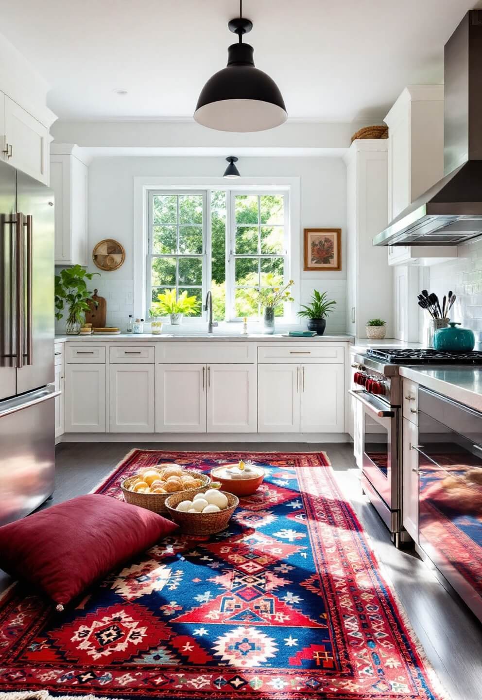 Low angle view of a contemporary kitchen with white cabinetry, dramatic Moroccan rug in jewel tones and a matte black pendant light in natural afternoon lighting.