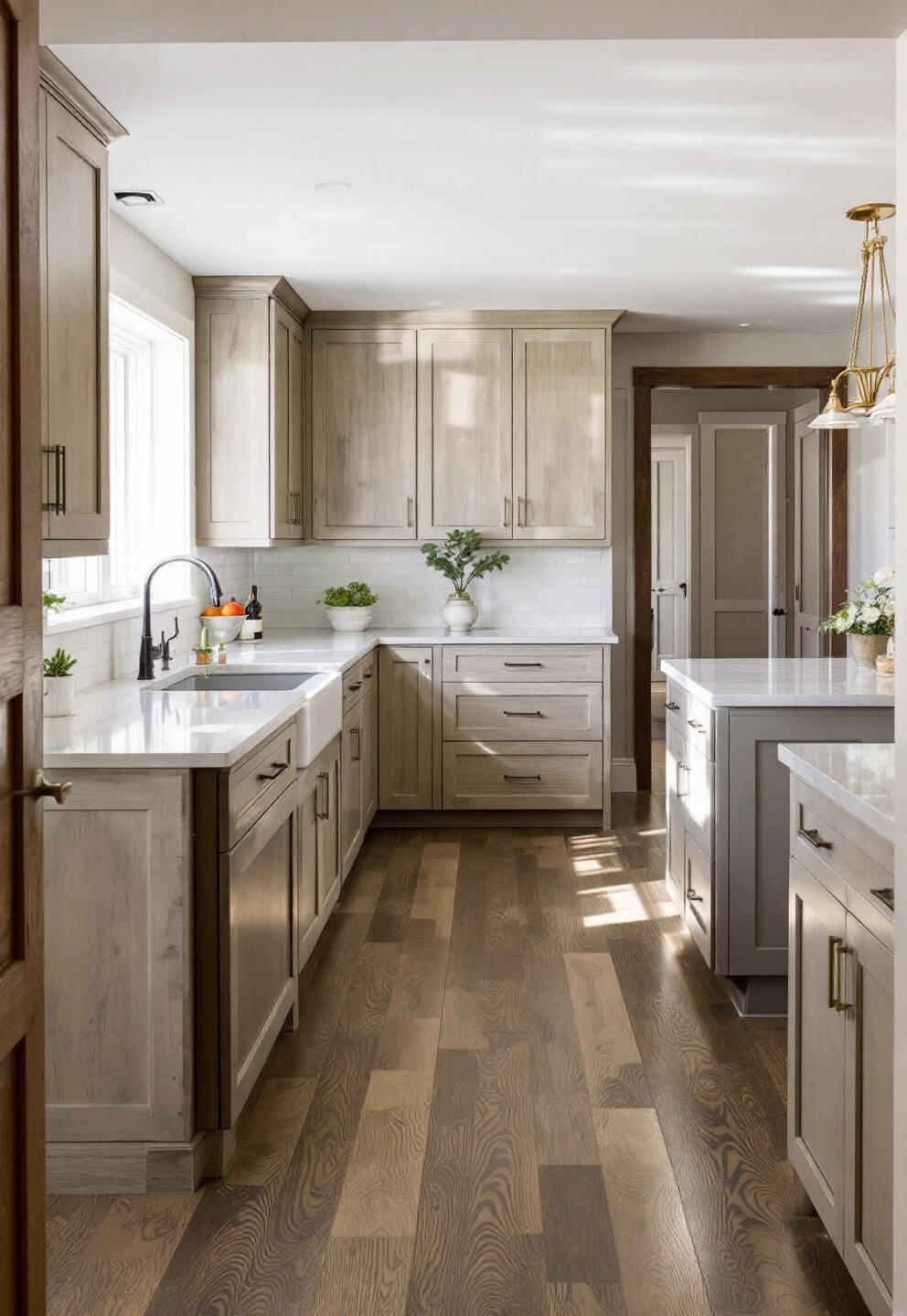 Sunlit kitchen with marble countertops, timber cabinets, two contrasting islands, and custom storage solutions from a wide-angle door view