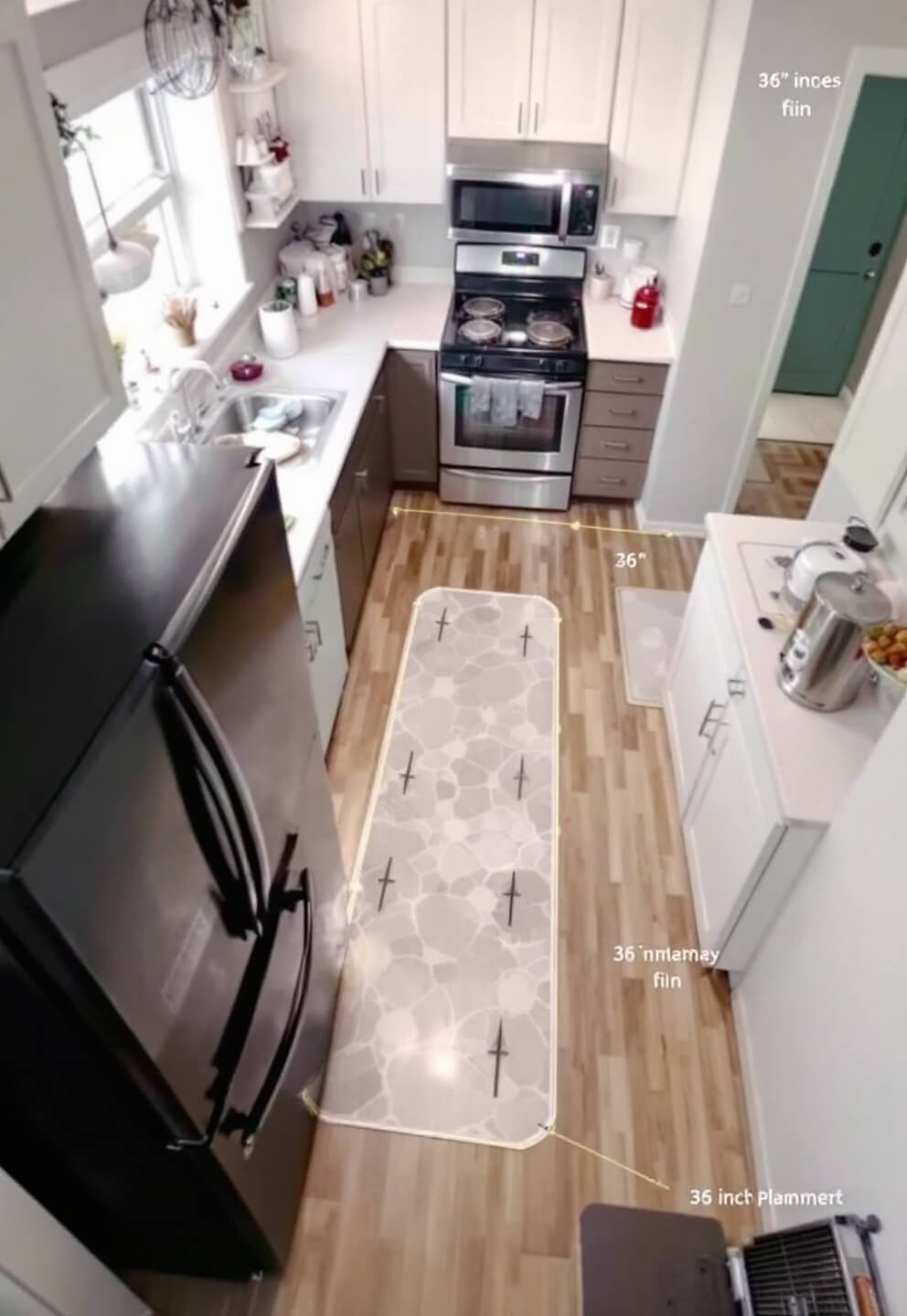 Efficiency kitchen layout captured at a 45-degree angle showing a workflow triangle between sink, stove, and refrigerator, with subtle lighting differences defining zoned areas, and runner placements marking 36-inch pathways, photographed using a wide-angle lens with evenly distributed lighting.