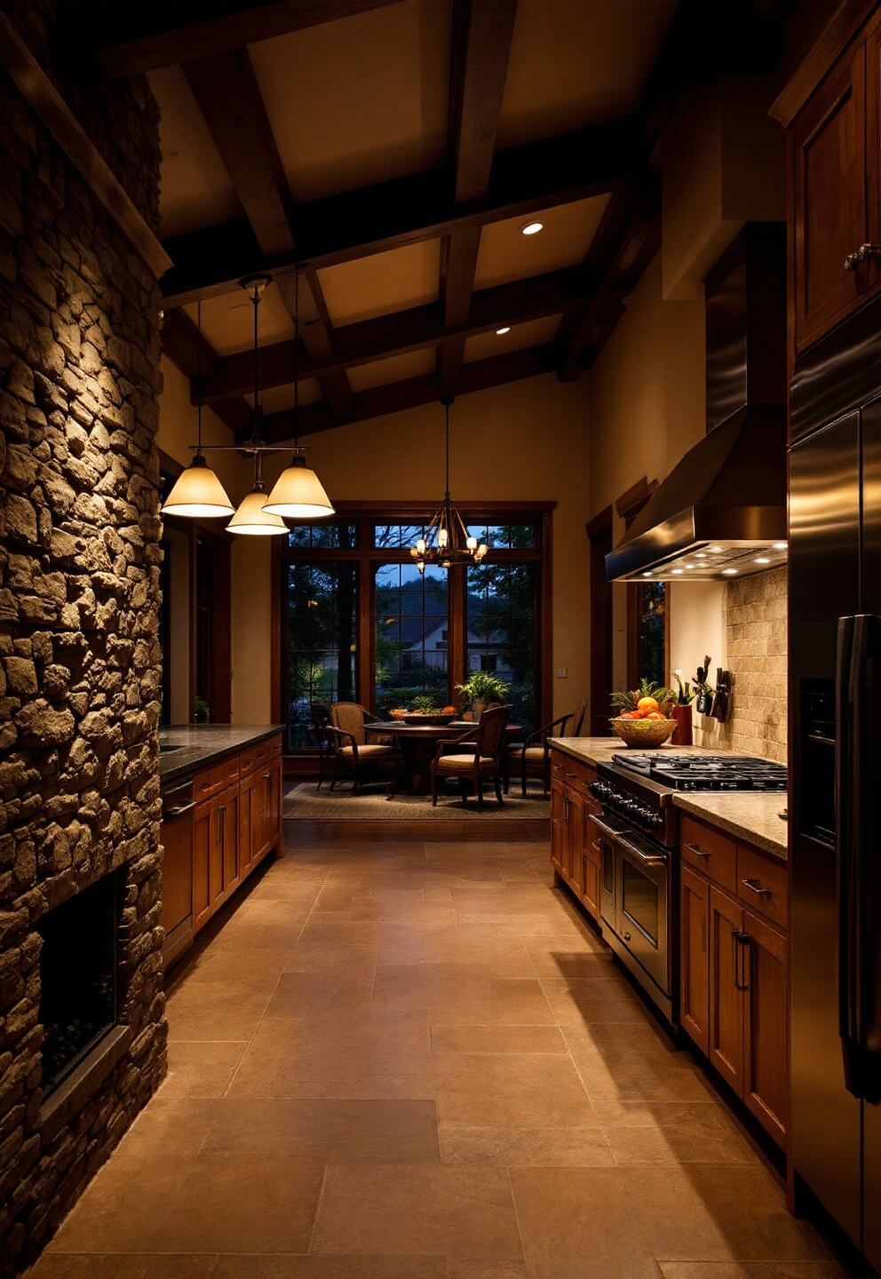 Twilight-lit, expansive kitchen with dimmable pendant lighting, a stone accent wall with herb garden, panel-ready appliances, timber-framed windows and task lighting over prep areas.