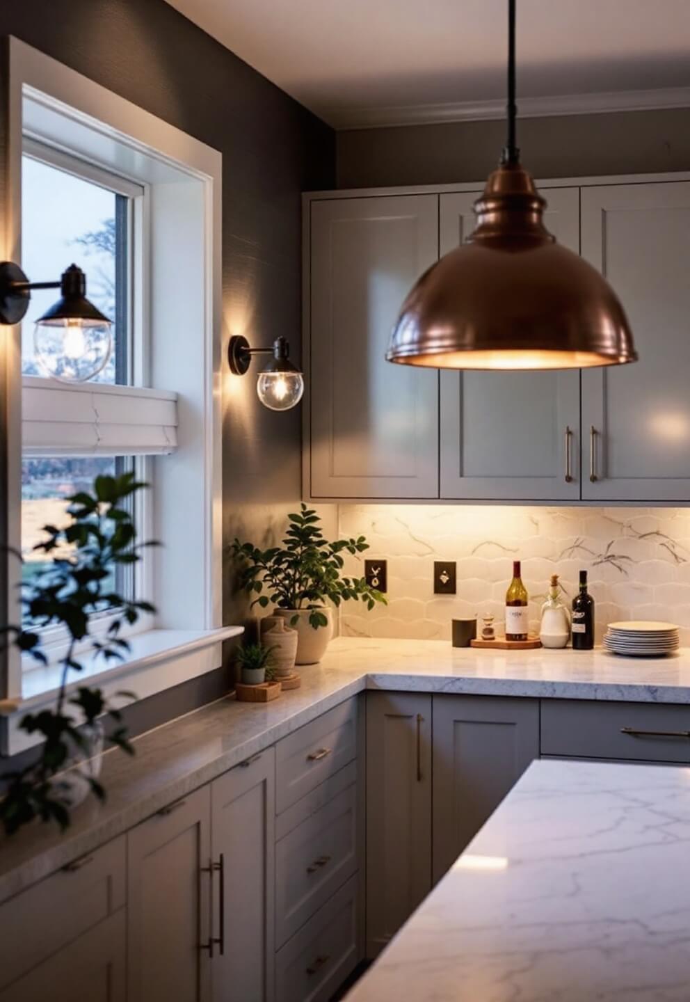 Dawn-lit small kitchen with layered lighting design including sconce, undermount cabinet, and copper pendant lights, captured with high ISO and multiple exposure blend for emphasis on light interplay.