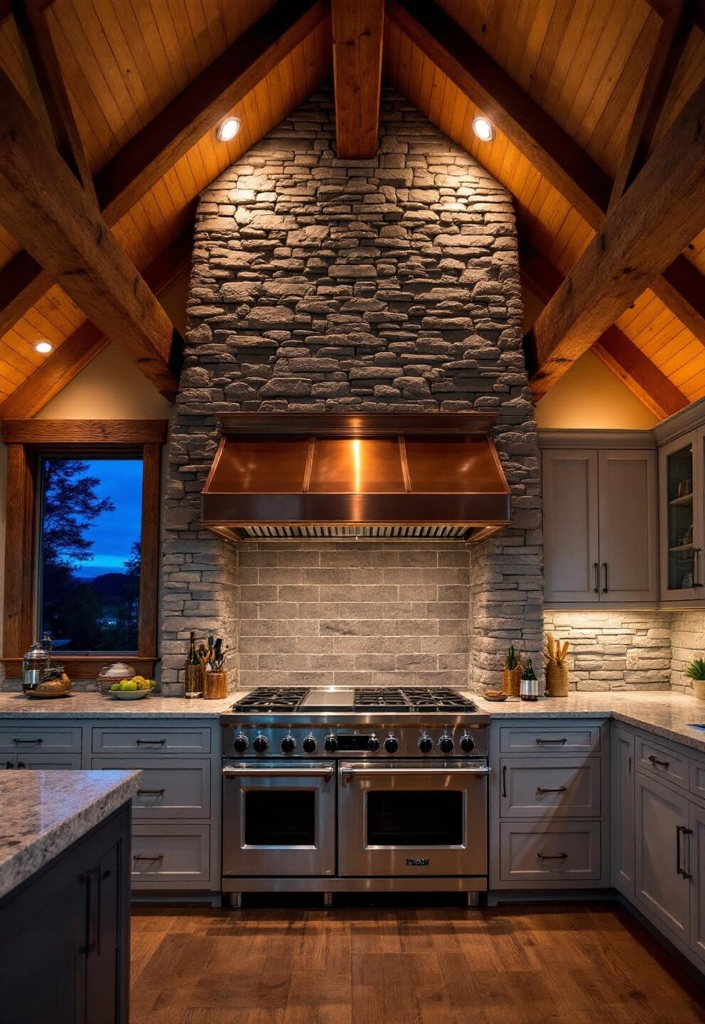 Dramatic evening scene of a timber frame kitchen with accent lighting, professional-grade range, stone accent wall, copper hood, custom storage solution, and high ceiling