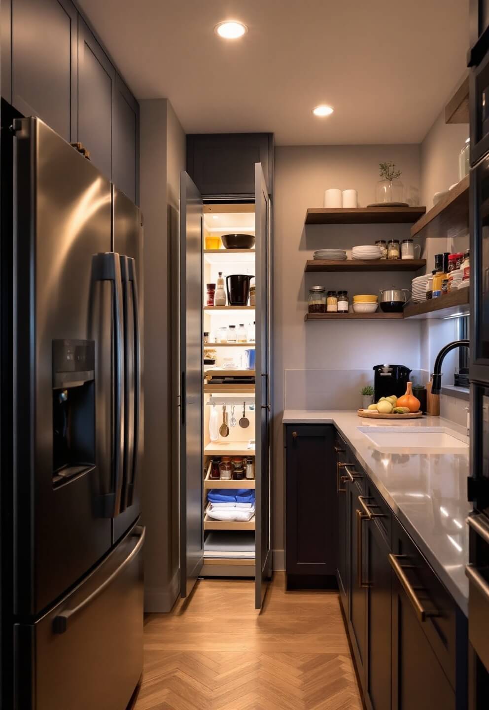 Corner kitchen with floor-to-ceiling pull-out pantry, floating shelves, and magnetic spice wall illuminated by early evening lighting and accent spots, taken with a 24mm tilt-shift lens.