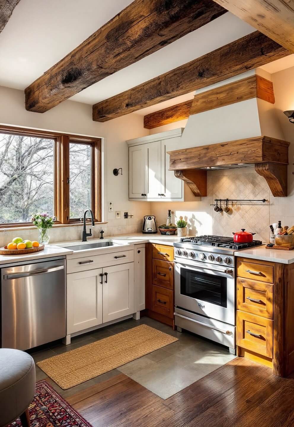 Rustic kitchen with integrated appliances behind cabinet fronts, L-shaped island with prep sink, exposed log beams, smooth stone surfaces, and strategic task lighting in the early morning light