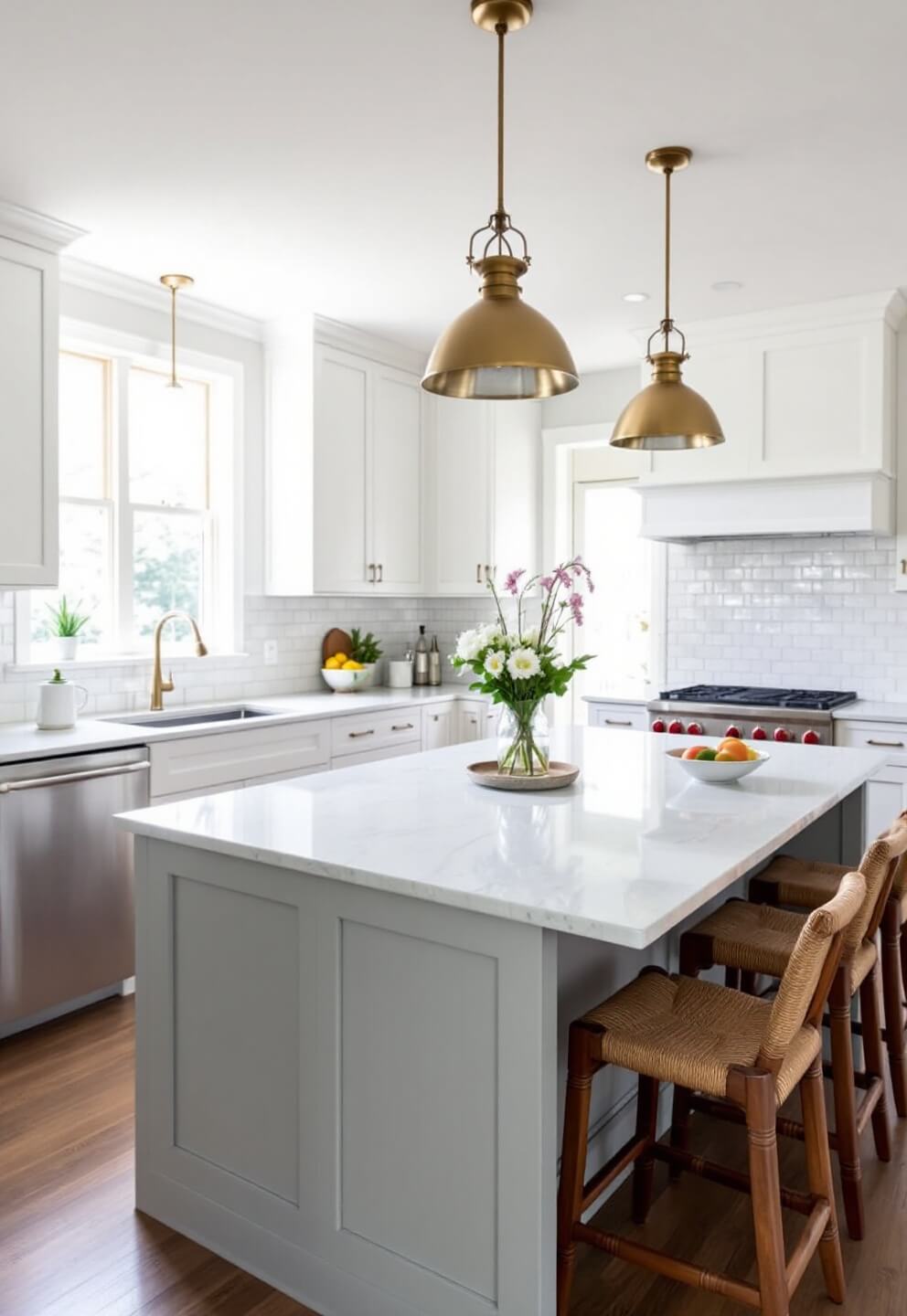 Transitional style kitchen with morning sunlight streaming through floor-to-ceiling windows, white shaker cabinets, quartzite-topped island, and modern brass pendant lights illuminating stainless steel appliances and textural details of the room.