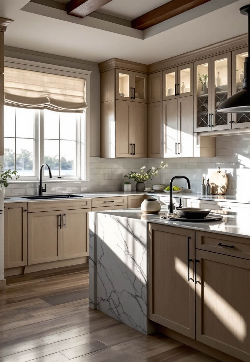 Sunlit chef's kitchen with 10ft tray ceilings, natural white oak cabinets, marble waterfall island, matte black fixtures and glass-front upper cabinets with LED lighting.