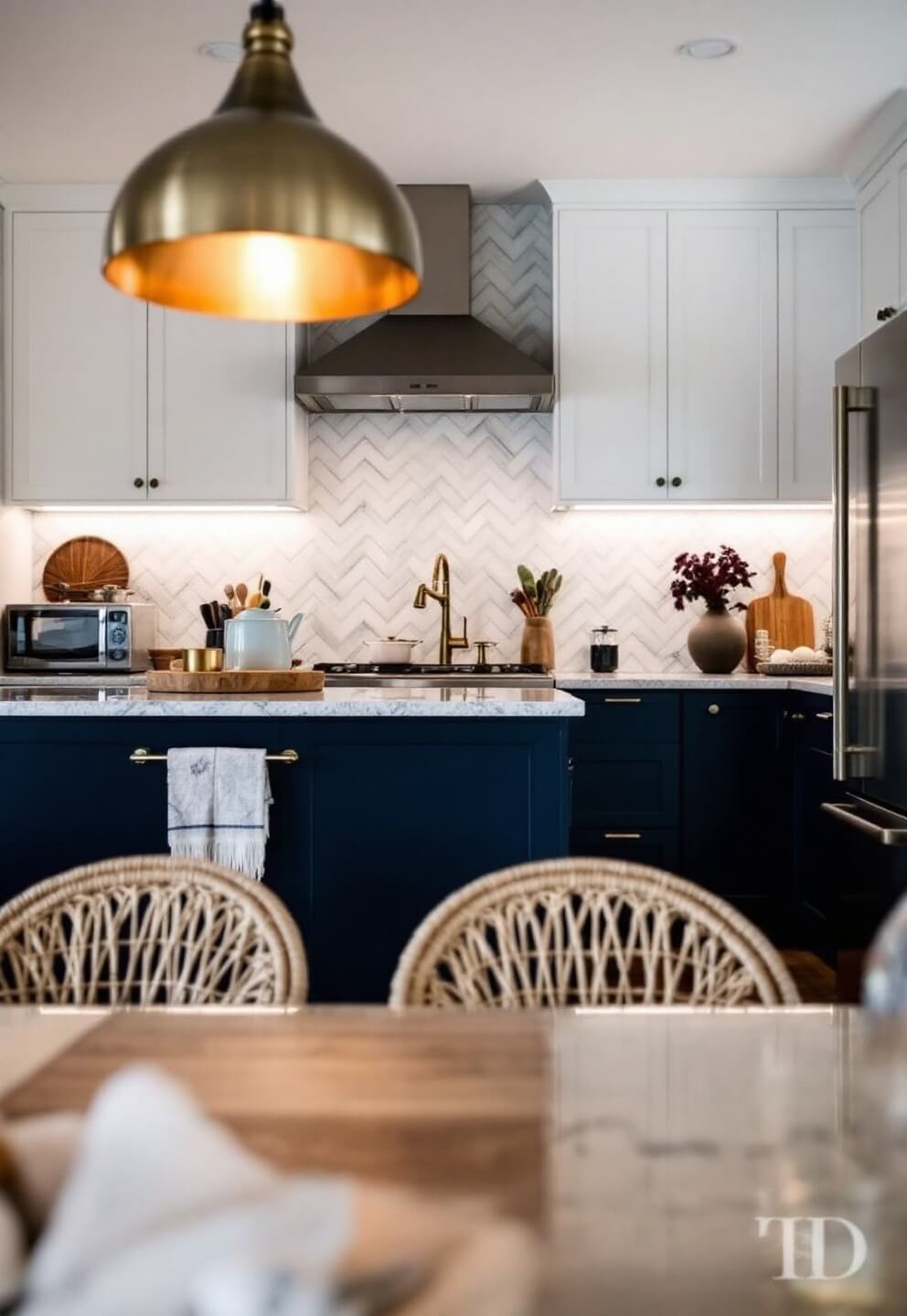 Transitional kitchen with mixed metal finishes, brushed brass pendants over a quartz island, herringbone marble backsplash highlighted by under-cabinet lighting, and deep navy base cabinets contrasted with white upper cabinetry, shot at a 45-degree angle with focus on woven textiles and aged brass hardware details in the foreground.