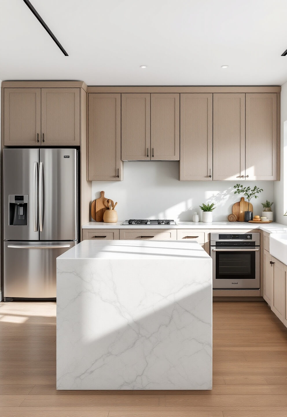 Modern minimalist kitchen with greige cabinets, stainless steel appliances, quartzite countertop island in cool natural light with hidden storage solutions and clean lines from an elevated angle