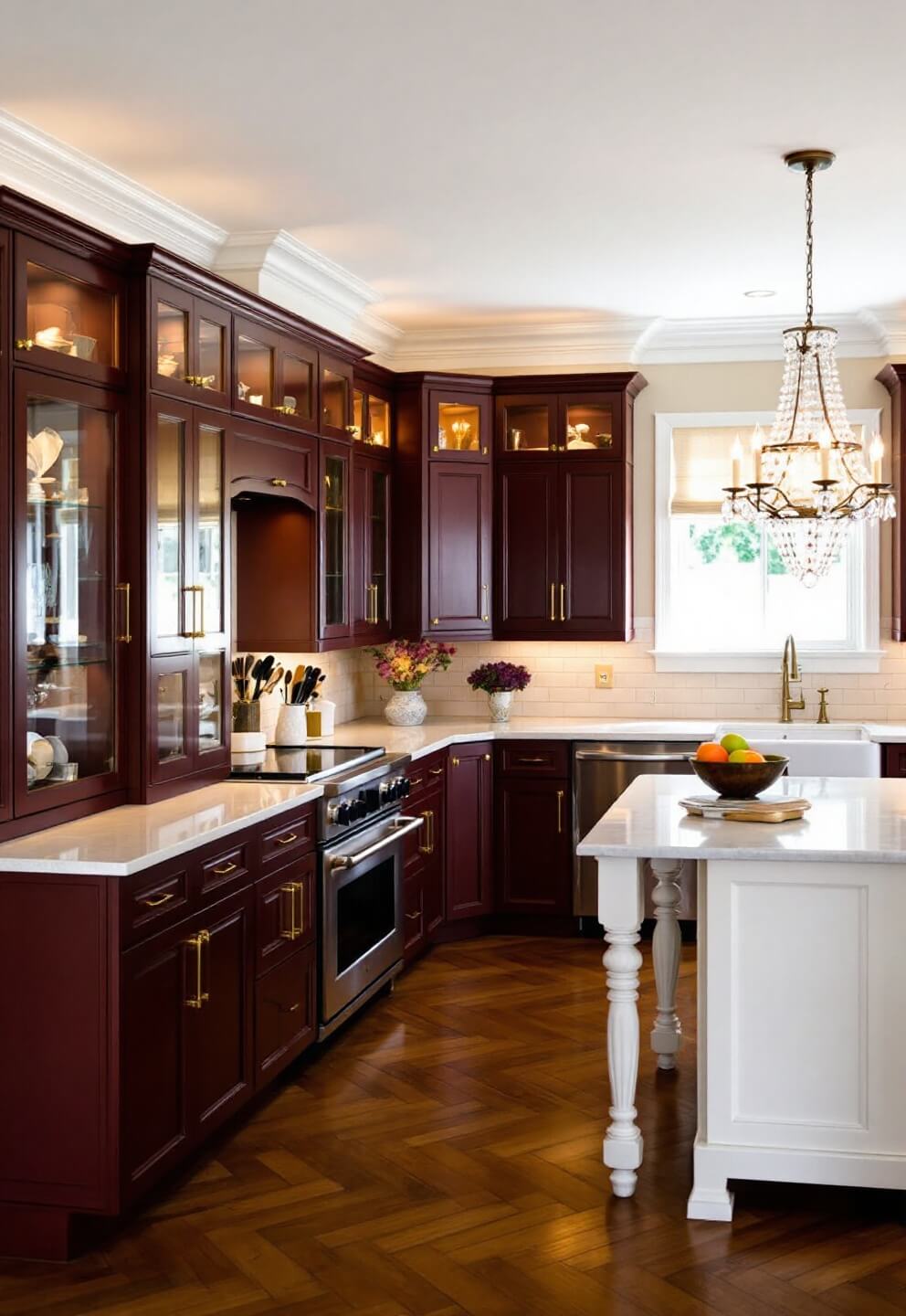 Early morning light illuminating a traditional 14x16ft kitchen with burgundy custom cabinets, cream marble countertops, classic white wooden island, and herringbone hardwood floors.