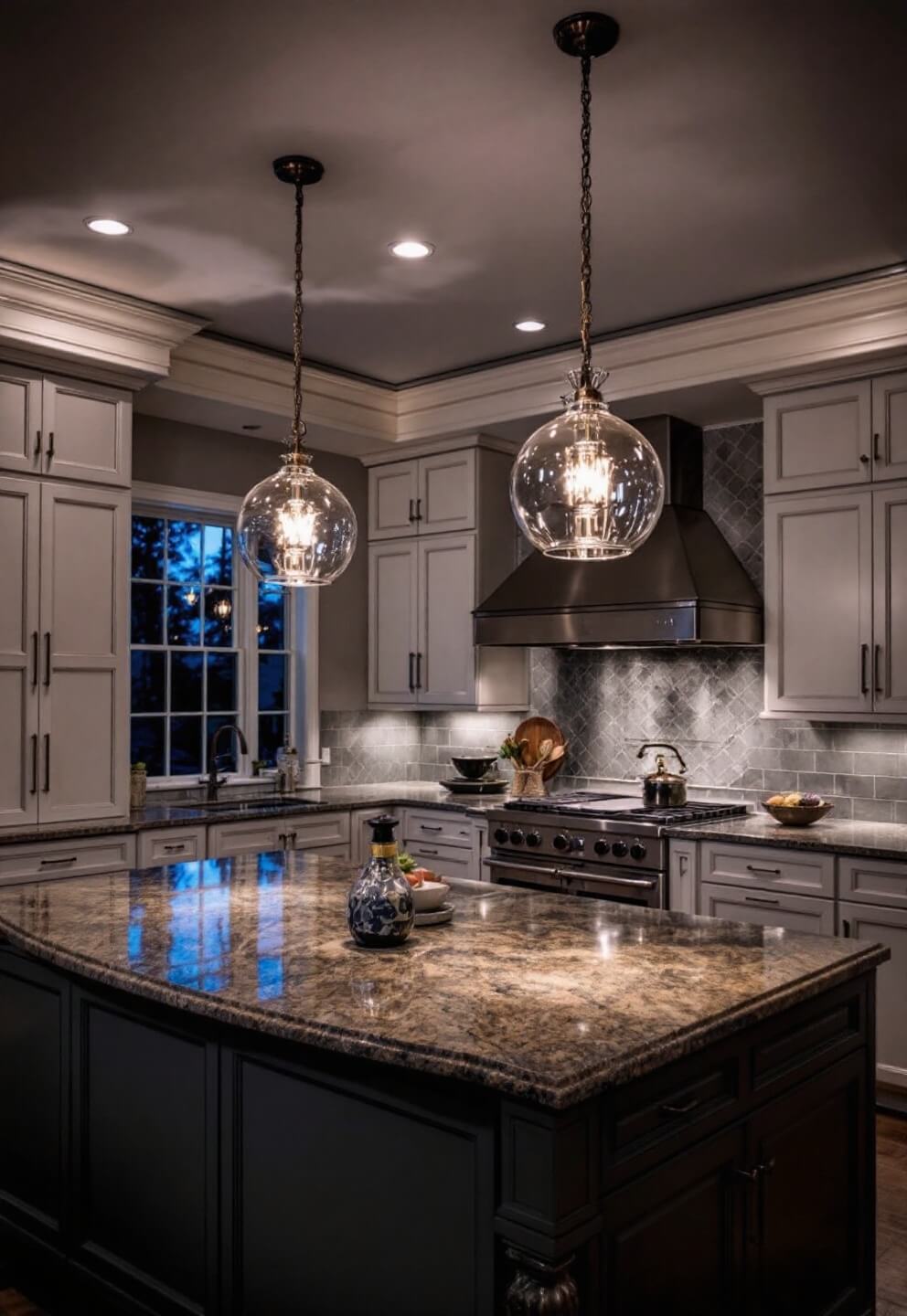 Dramatic dusk lit open-concept kitchen with traditional crown molding, modern glass pendant lights over a large island with leathered granite top, custom hood over professional range, pull-out pantry systems, and intricate architectural details with mixed metal highlights.