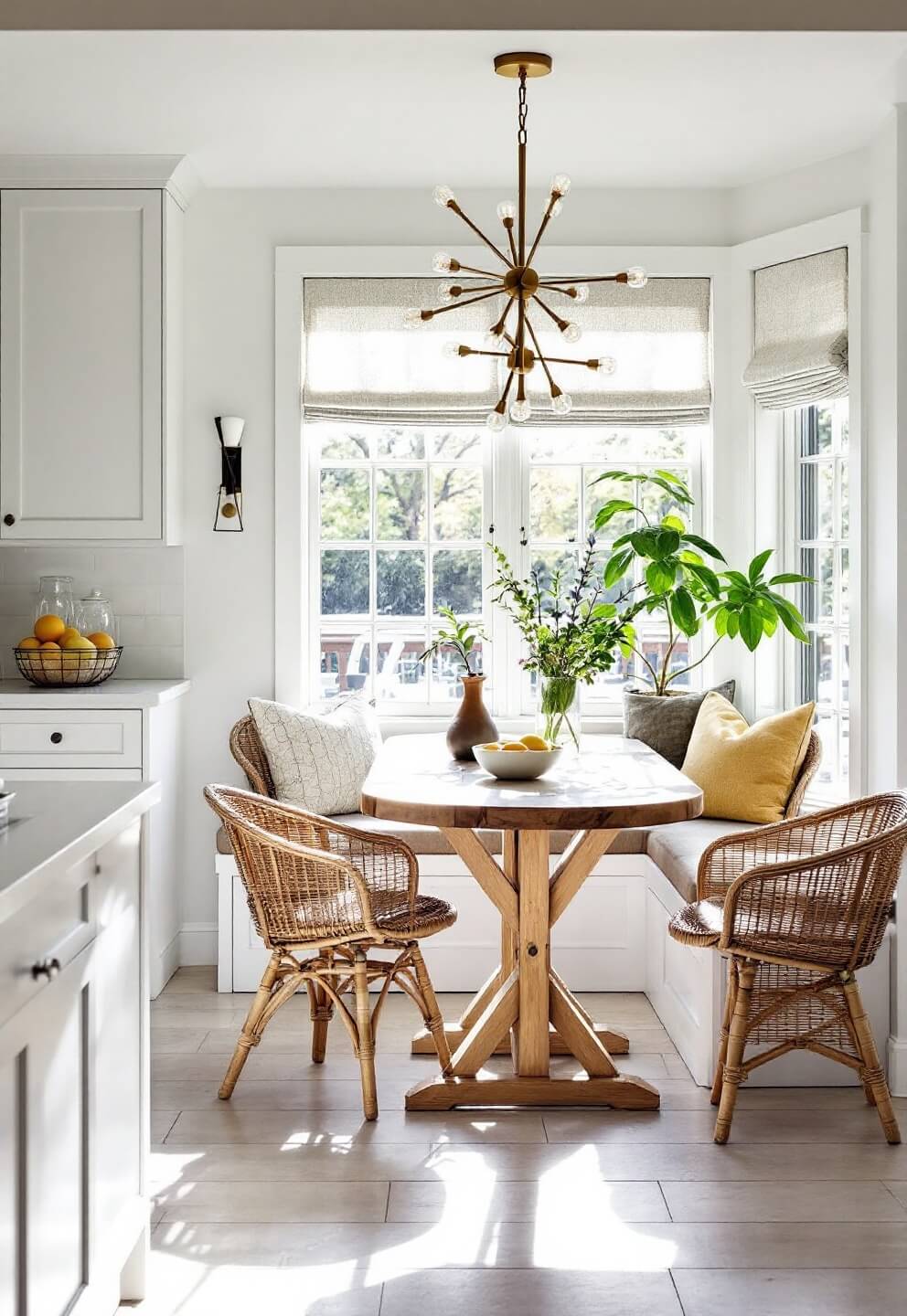 Sunlit breakfast nook with wooden table, modern chandelier, white cabinetry, woven chairs and porcelain tile floors