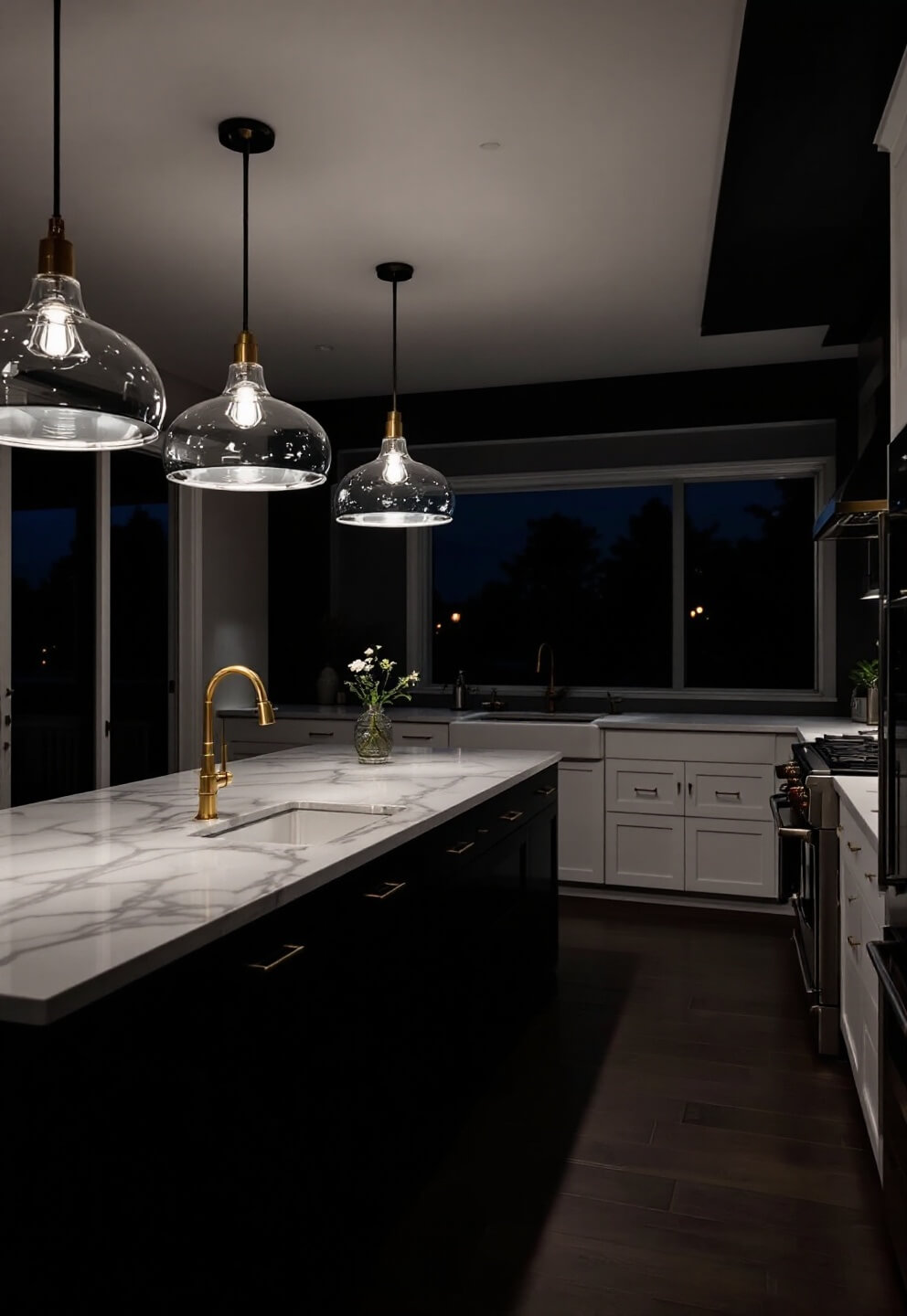 Moody evening in a kitchen with three glass pendant lights illuminating grey marble countertops, dark lower cabinets, white upper cabinets with brass hardware, shot from hip height with subtle backlight