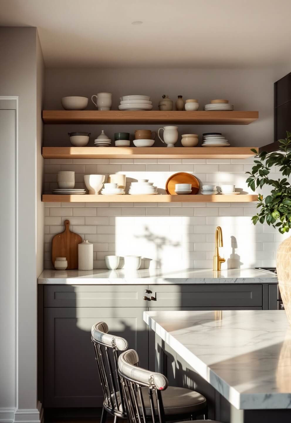 Classic and modern kitchen with white oak shelves, marble countertops, handmade tile backsplash, and morning light streaming in