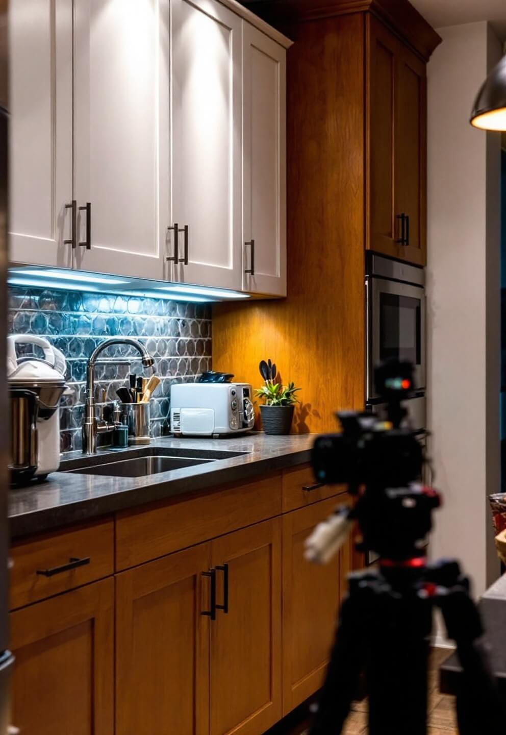 Twilight kitchen scene showcasing mixture of under-cabinet LED and pendant lighting, painted white upper cabinets, natural wood lower cabinets, and architectural details emphasized by dramatic shadows.