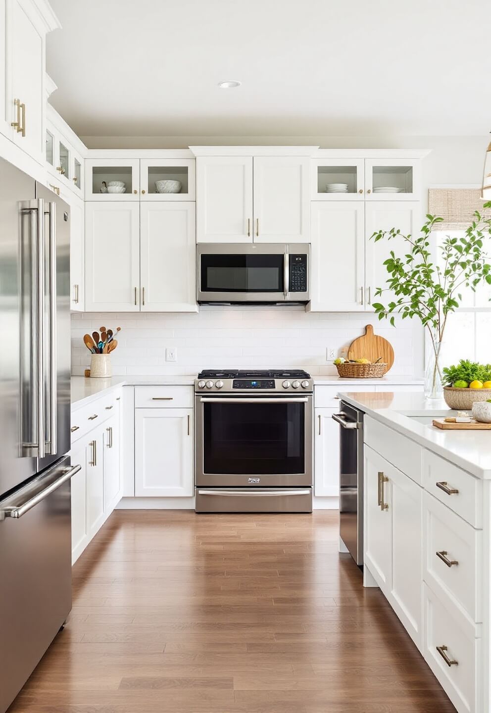 Bright kitchen with white shaker cabinetry, custom appliances, oversized island with hidden storage, and casual seating, shot from corner for full spatial context