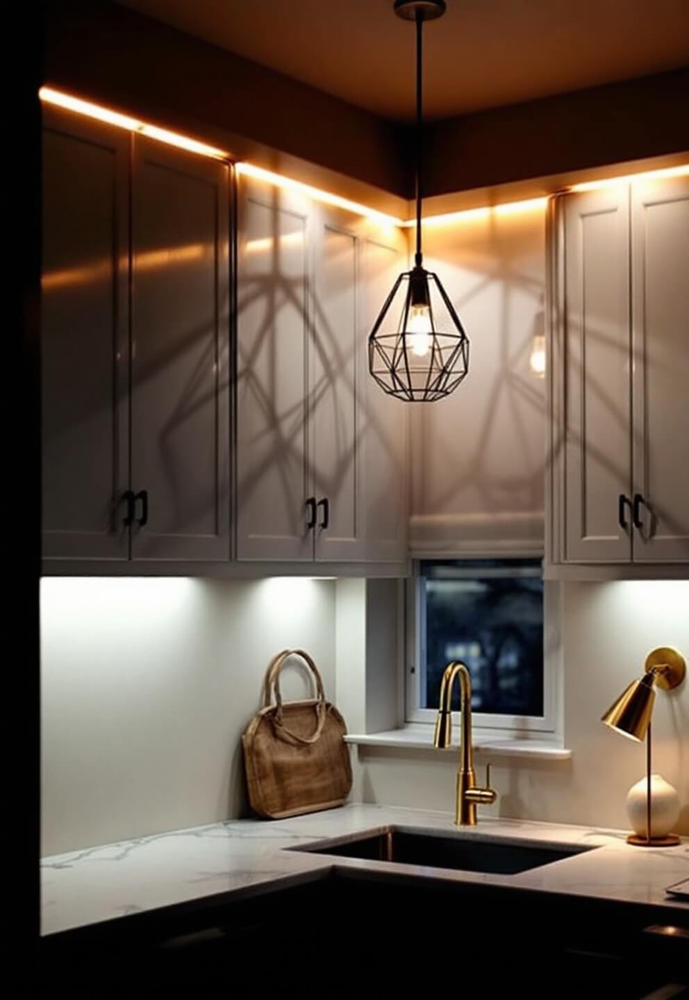 Modern 8x10ft apartment kitchen at dusk with warm LED lighting on white cabinets, a brass pendant lamp over a breakfast nook, two brass sconces near the window, and a ceramic lamp on the marble countertop.