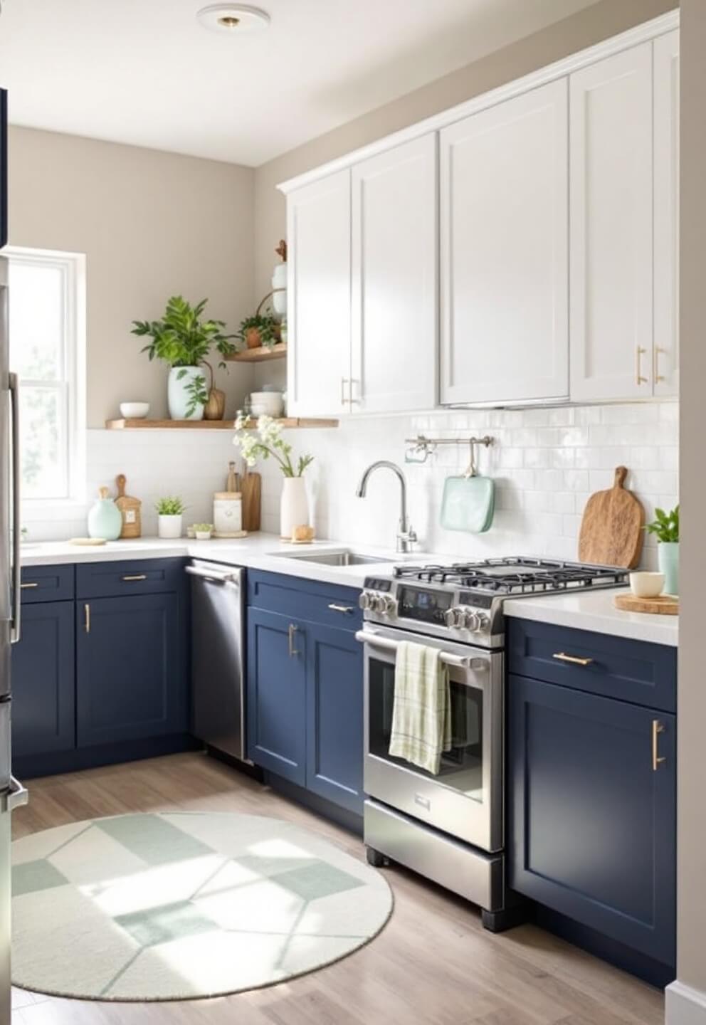 Compact kitchen with white upper and navy blue lower cabinets, greige walls, pale sage green accessories, and stainless steel appliances lit by mid-morning sunlight.