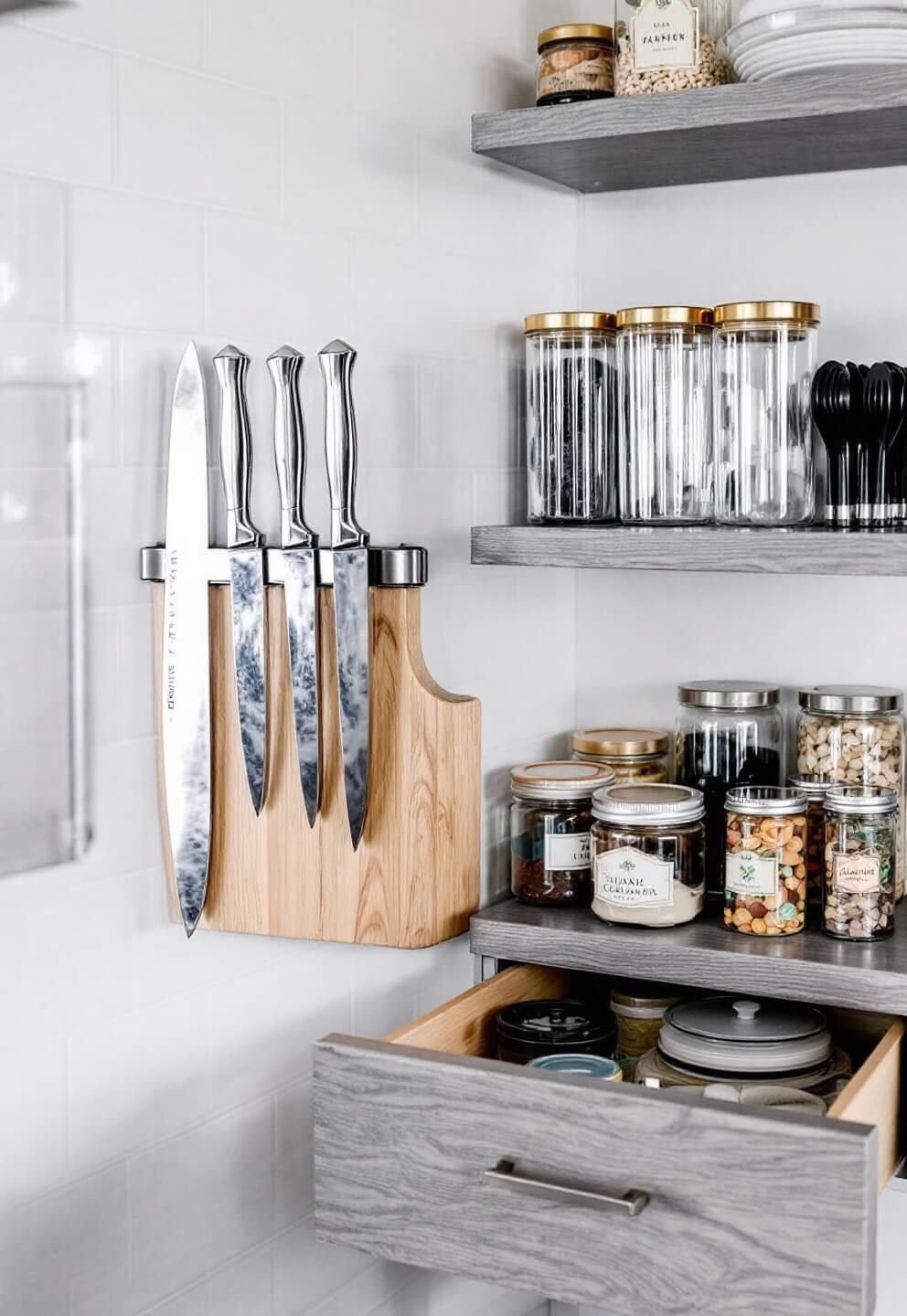 Organized kitchen wall with professional-grade knives on a stainless steel strip, pantry items in clear acrylic containers with brass lids on floating shelves, and custom drawer organizers in partially opened drawers, illustrating texture contrasts between metal, glass, and wood in bright daylight.