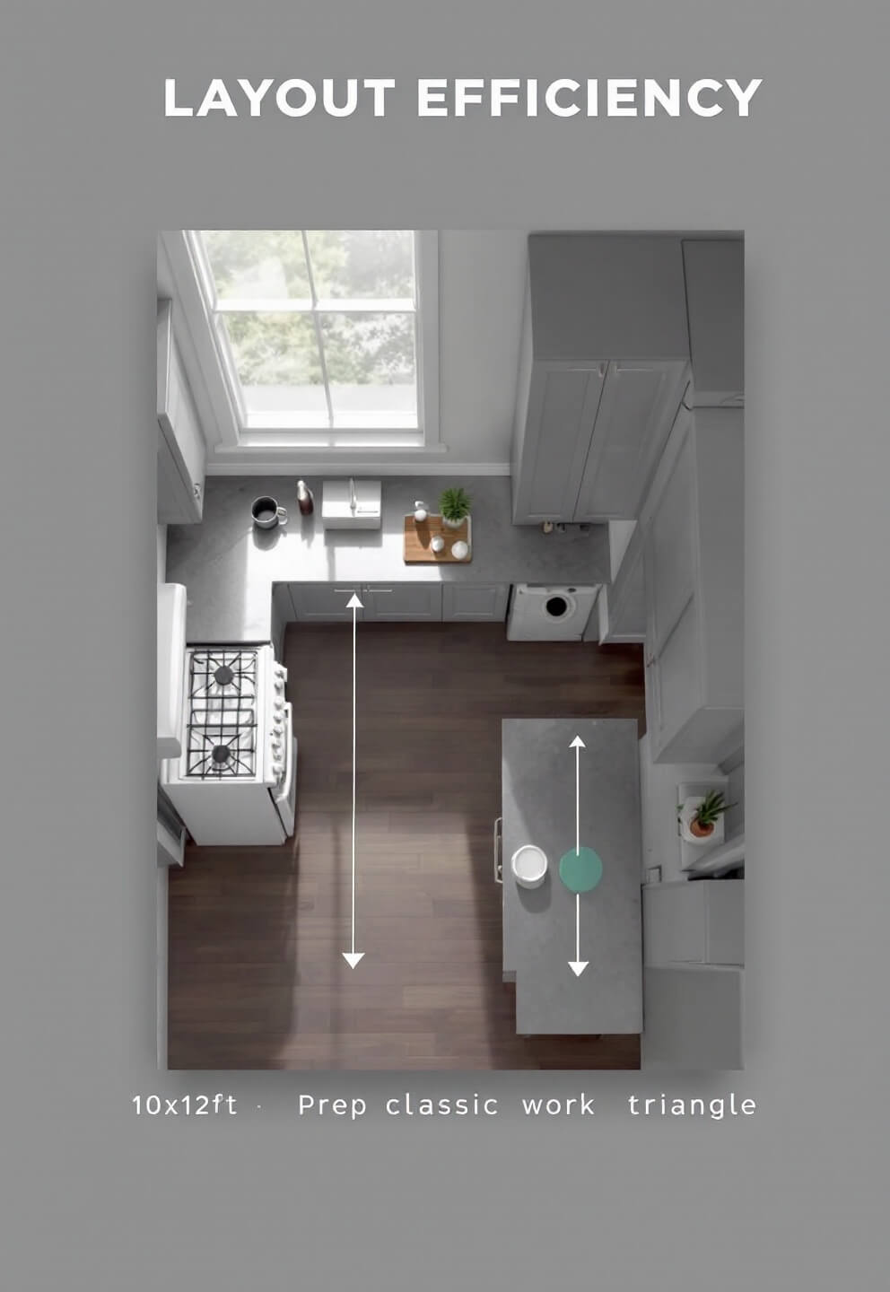 Bird's-eye view of an efficient 10x12ft kitchen layout with work triangle, stainless steel prep station beside a white gas range, mobile compact island, and tall gray cabinets for vertical storage, demonstrating flow between workstations.