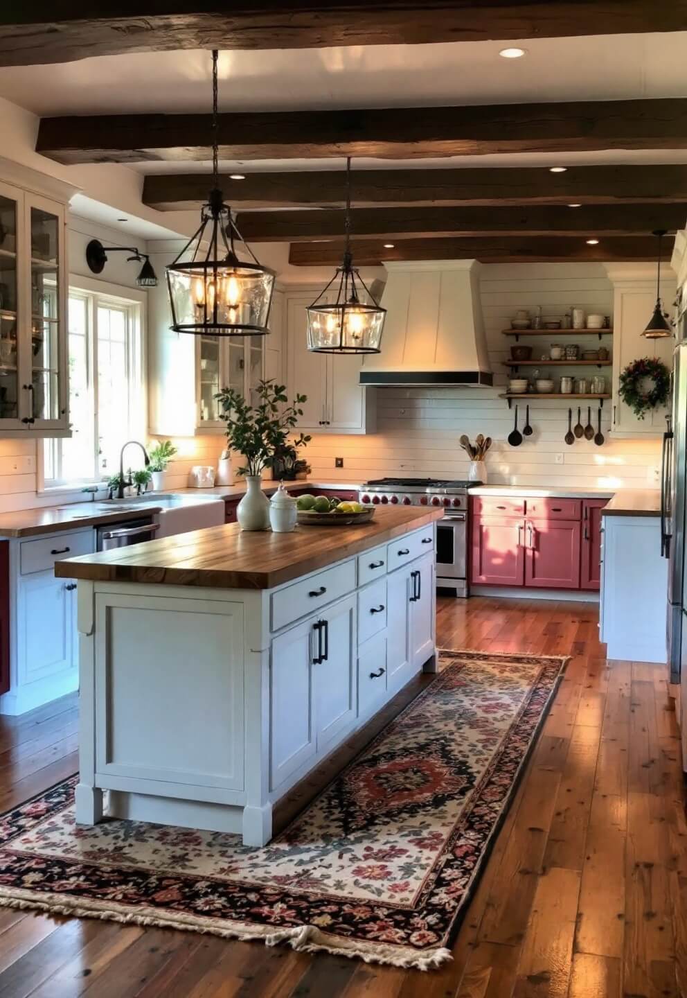 Rustic farmhouse kitchen during golden hour with exposed beams, red and white cabinets, butcher block counters, apron sink, black iron hardware, industrial pendants, shiplap walls, and vintage runner on pine floors.