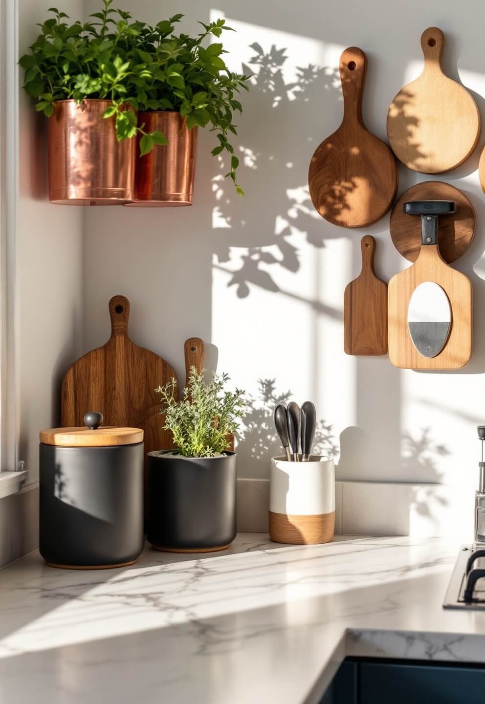 Kitchen corner in afternoon sunlight with matte black canisters on marble counter, vertical herb garden in copper planters, and wooden cutting boards displayed on wall