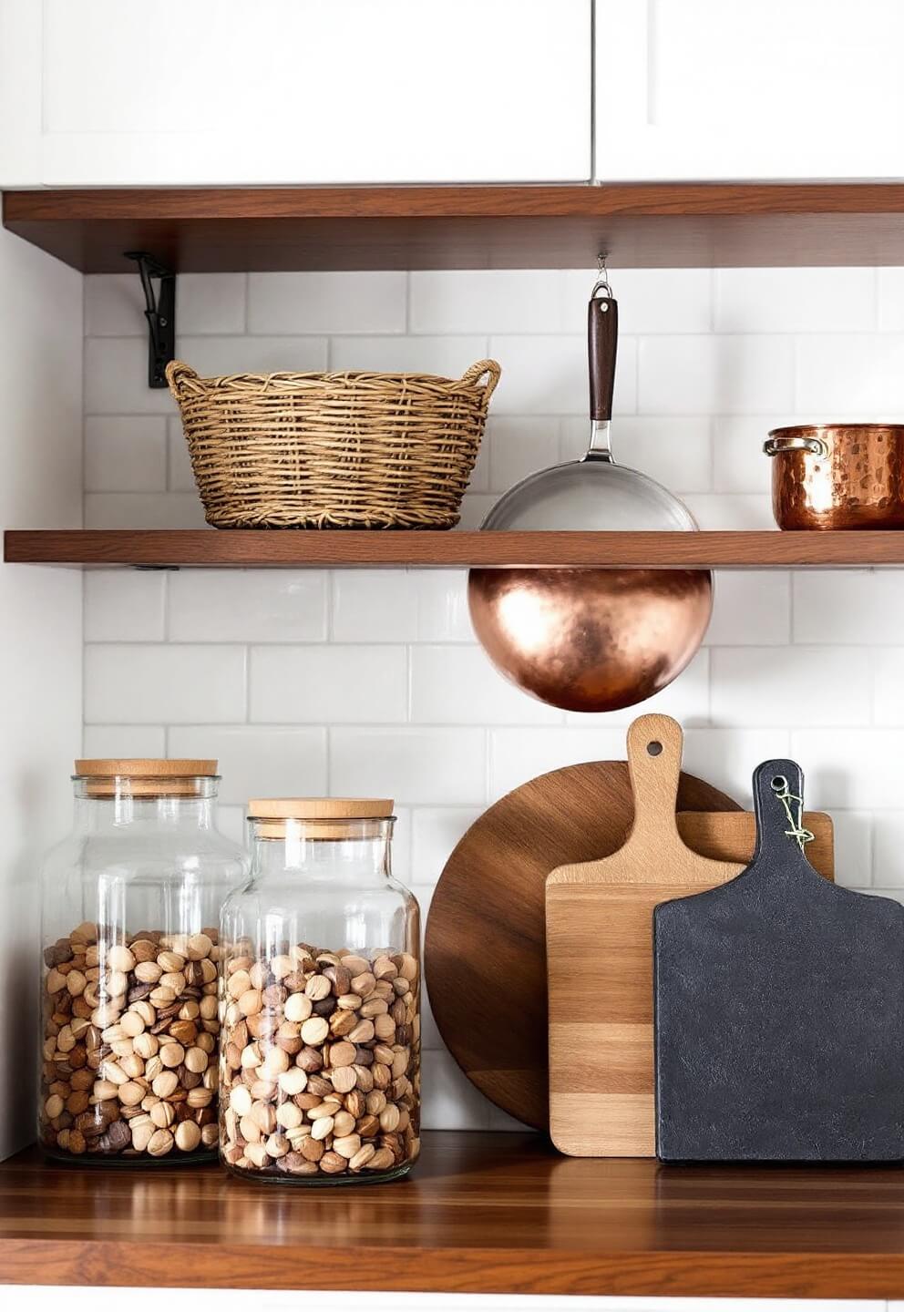 Close-up view of a kitchen with walnut shelving, seagrass baskets, hammered copper pots against white subway tiles, glass canisters with bamboo lids, and slate serving boards shot in morning light.