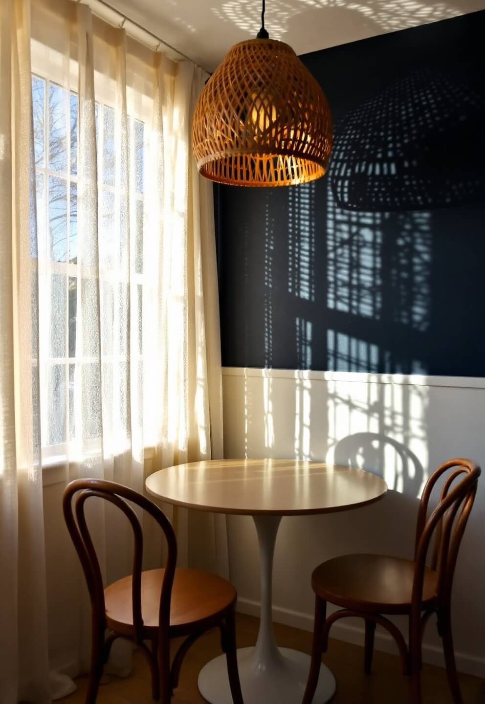 Cozy breakfast nook lit by sunrise with a tulip table, bentwood chairs, white walls with a navy accent, and a shadow-casting rattan pendant lamp