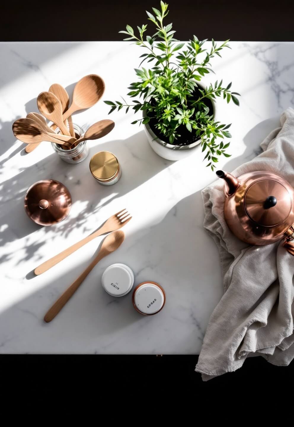 Overhead view of a styled white marble countertop with olive wood utensils, a cement planter with fresh herbs, a copper tea kettle, artisanal ceramic spice jars, and a linen tea towel in afternoon light.