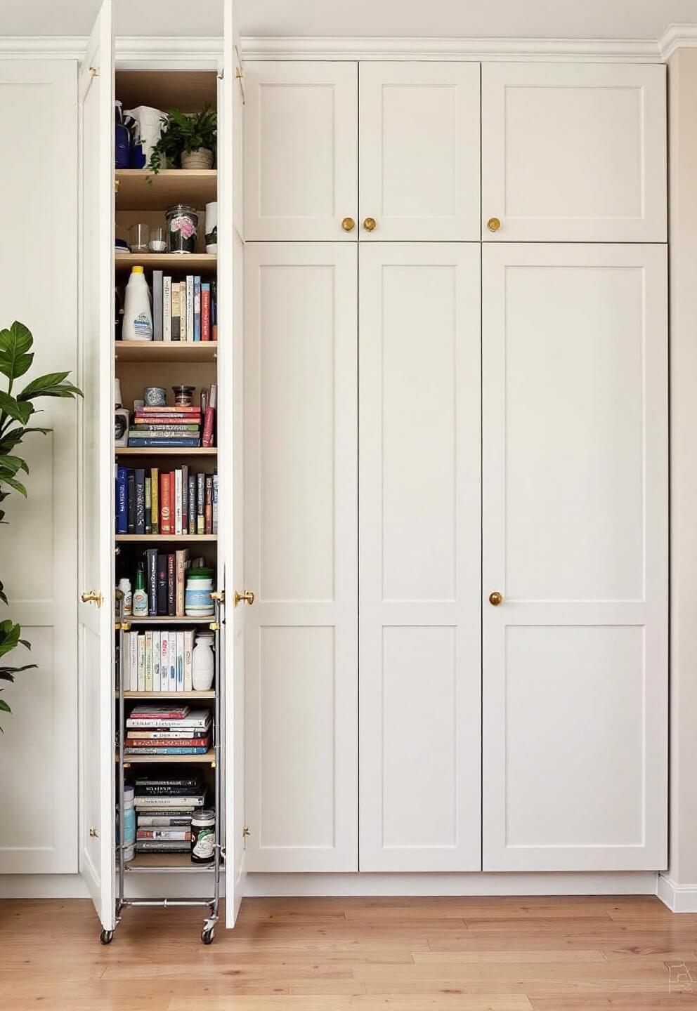 Vertical storage in a kitchen with floor-to-ceiling white cabinets with brass hardware, over-door organizers for cleaning supplies, floating shelves displaying cookbooks and plants, and a rolling ladder for accessibility