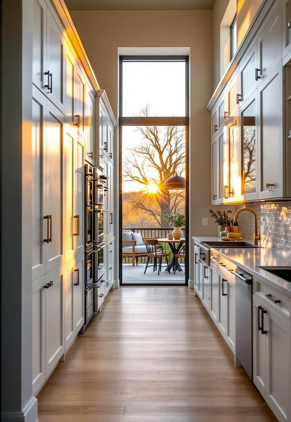 Modern kitchen with high ceilings, white cabinets with brass handles, and matte black hardware illuminated by natural light, showcasing custom pull-out pantry systems through glass doors and soft oak flooring, shot from kitchen entrance during golden hour.