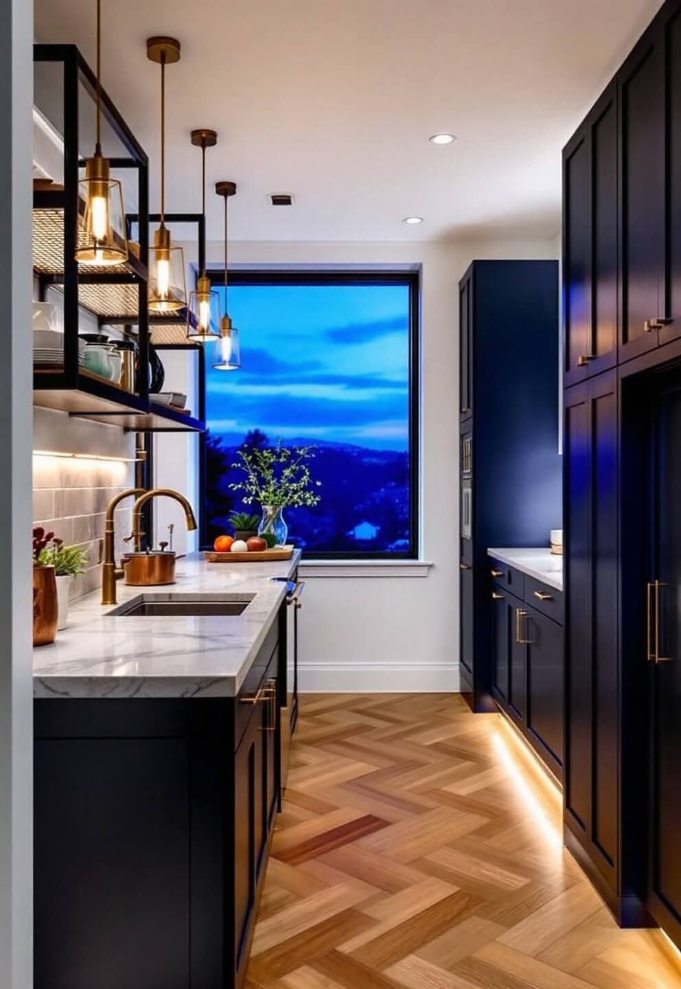 Dramatic pendant lighting in an intimate galley kitchen with open steel shelving, marble waterfall counter, under-cabinet LED glow, and deep navy cabinets with brushed gold pulls at dusk.