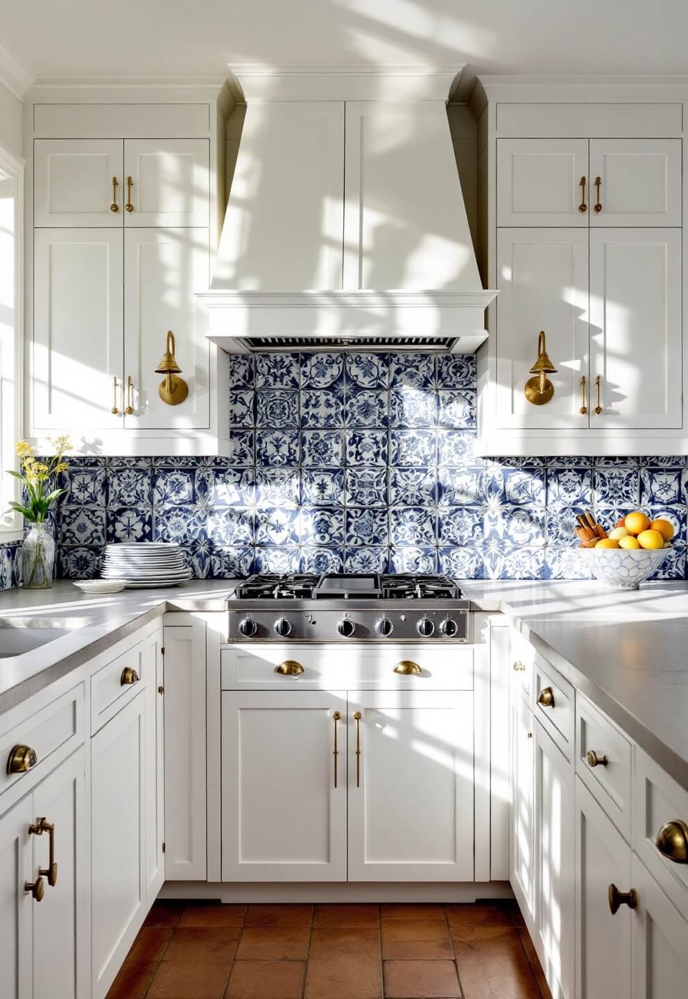 Sunlit kitchen with blue and white Portuguese backsplash tiles, white Shaker cabinets, brass sconces, veined soapstone counters, and terracotta floor tiles