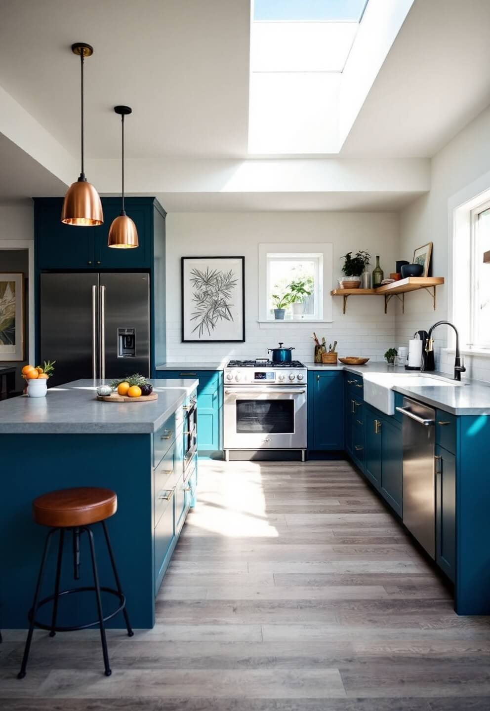 Bold contemporary kitchen with a jewel-toned teal island, concrete counters, leather barstools, brushed steel appliances, mixed metals fixtures, white oak floating shelves, and dramatic shadows from the afternoon light through the skylight