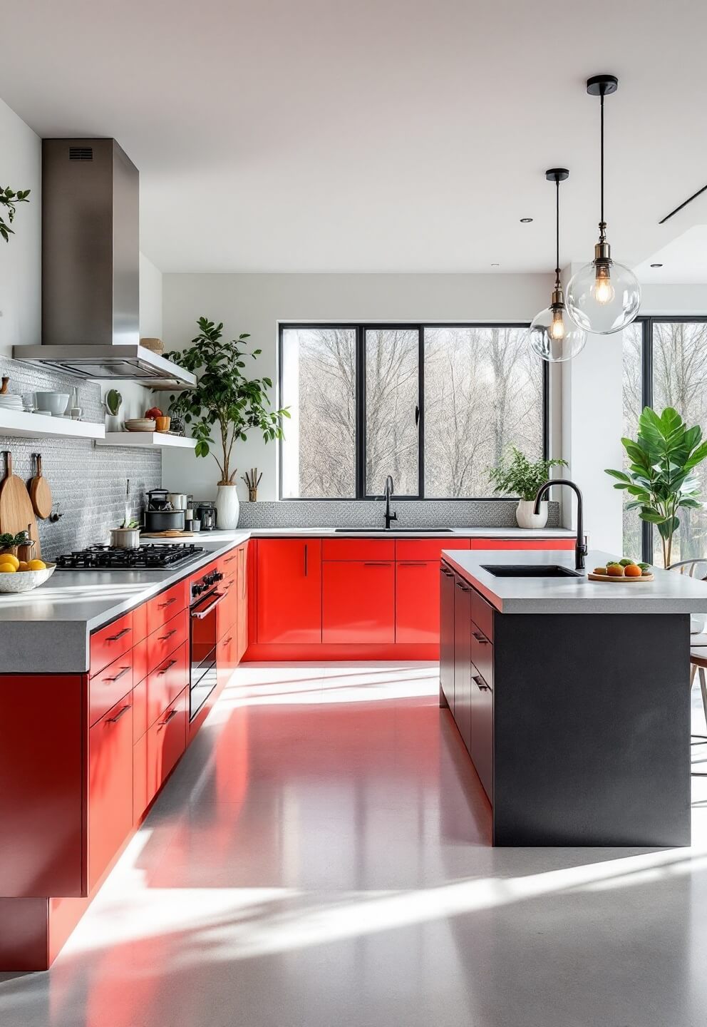 Contemporary 15x18ft kitchen at midday showcasing coral red lacquered cabinets, grey concrete counters, and a charcoal grey center island against floor-to-ceiling windows, accentuated by modern glass globe lighting and bright natural light.