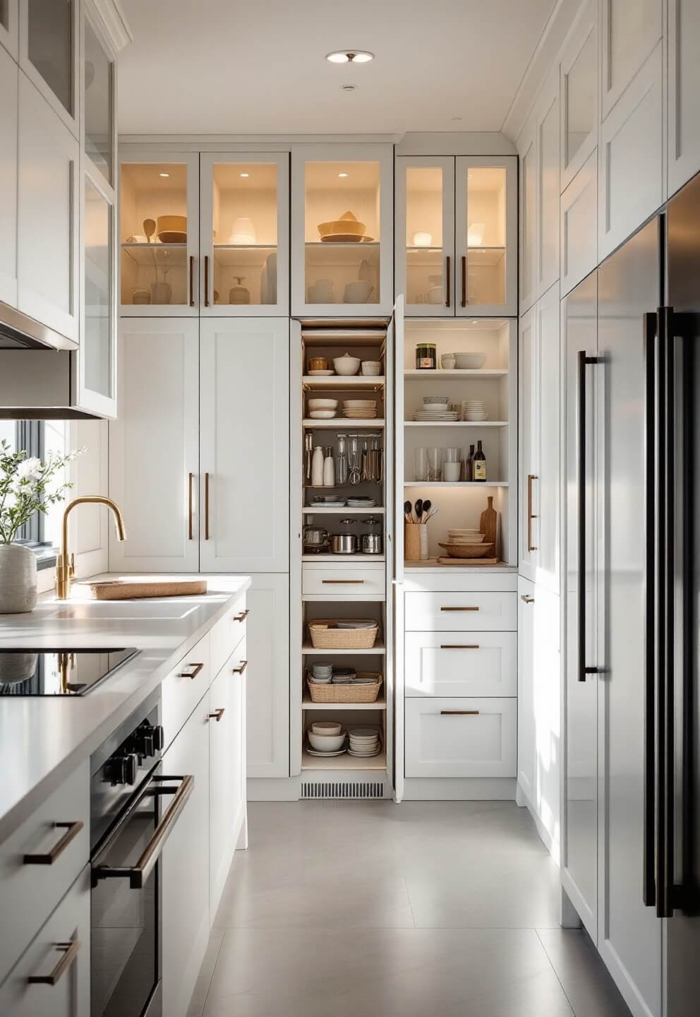 Early morning light illuminating a minimalist white kitchen featuring innovative storage solutions, including a corner carousel unit visible through glass doors, and pale grey quartz countertops.