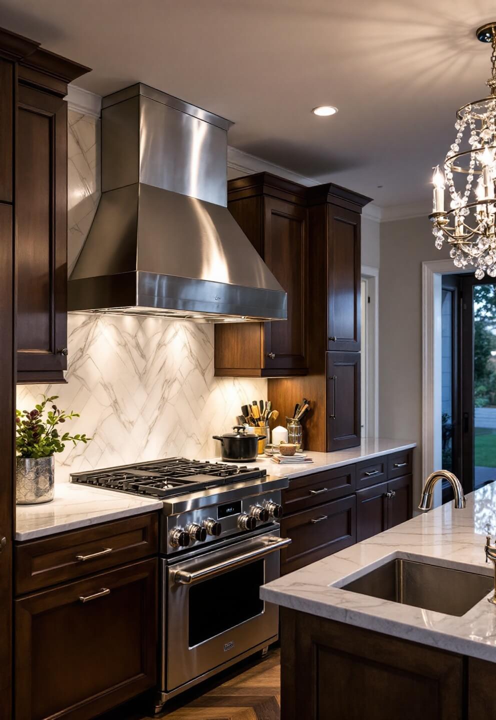 Luxurious twilight kitchen with polished nickel pot filler, crystal chandelier, custom hooded professional-grade range, hidden appliance garage in quartzite counter, walnut cabinets, pewter hardware, and chevron marble floors