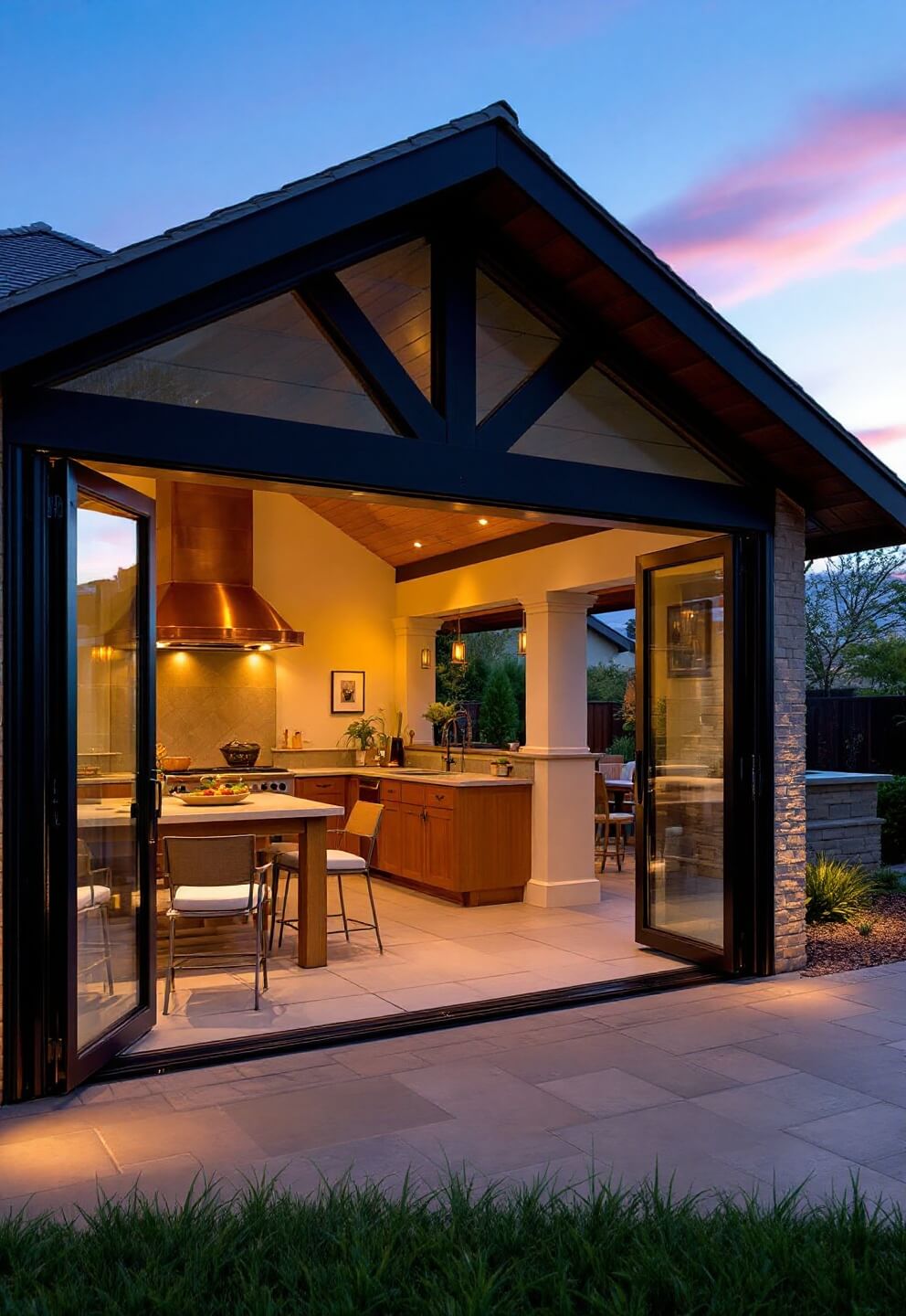 Indoor-outdoor kitchen transition with retracted folding glass doors, built-in pizza oven with copper dome, teak cabinetry, stone countertops, LED landscape lighting, and slate flooring at sunset captured in a wide shot.