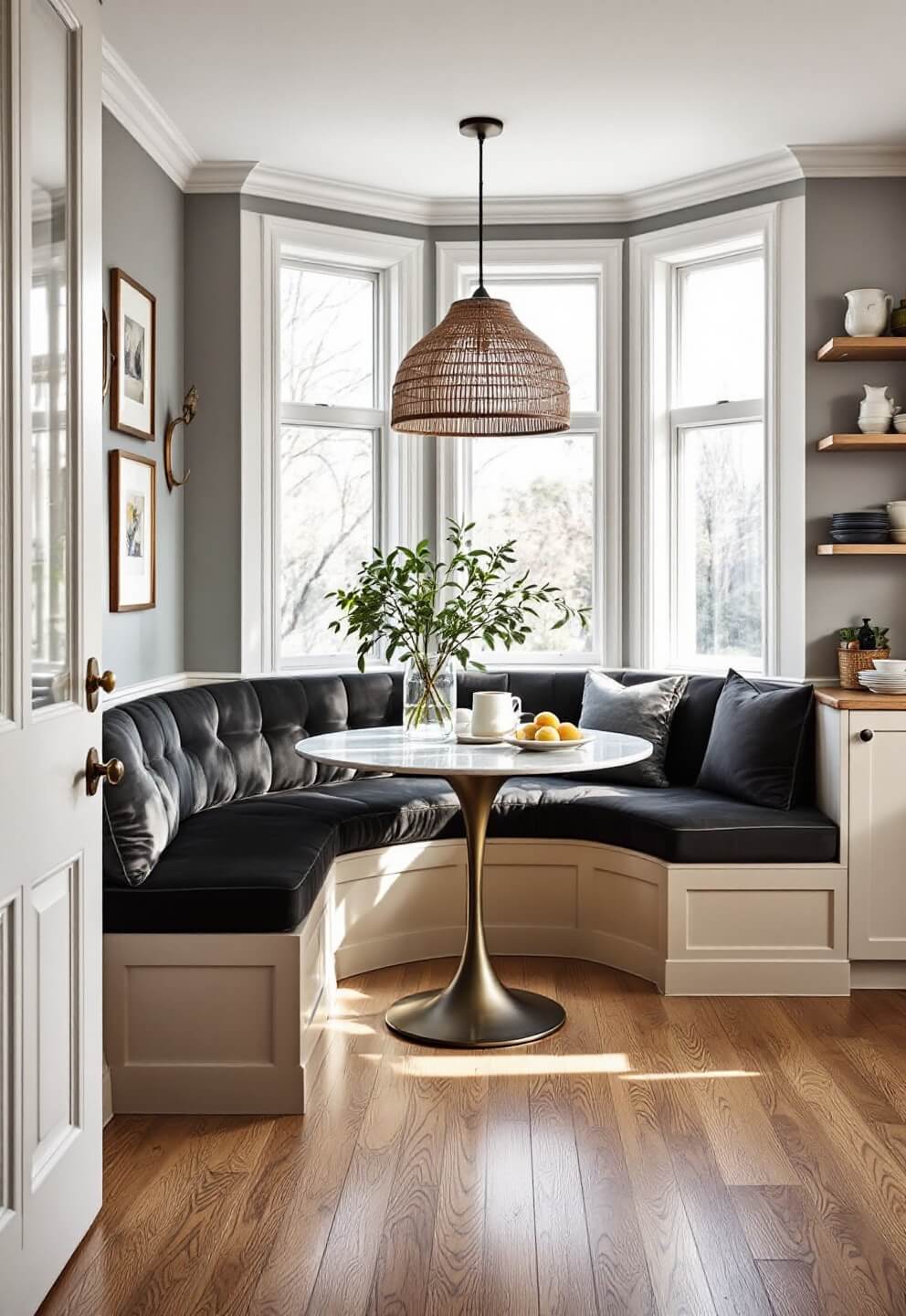 Bright breakfast nook highlighted by morning sunlight featuring a velvet banquette, rattan pendant throwing organic shadows, marble tulip table with a brass base, open shelving with vintage pottery collection, and wide oak plank flooring, captured from a seated eye level perspective.