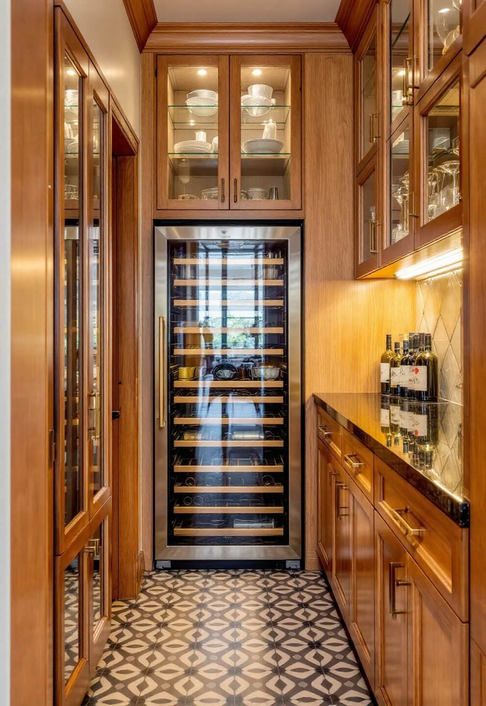 Butler's pantry with illuminated glass-front upper cabinets, timber-framed wine refrigerator, antique mirror backsplash, brass hardware, and custom storage with a view through to the main kitchen at magic hour.